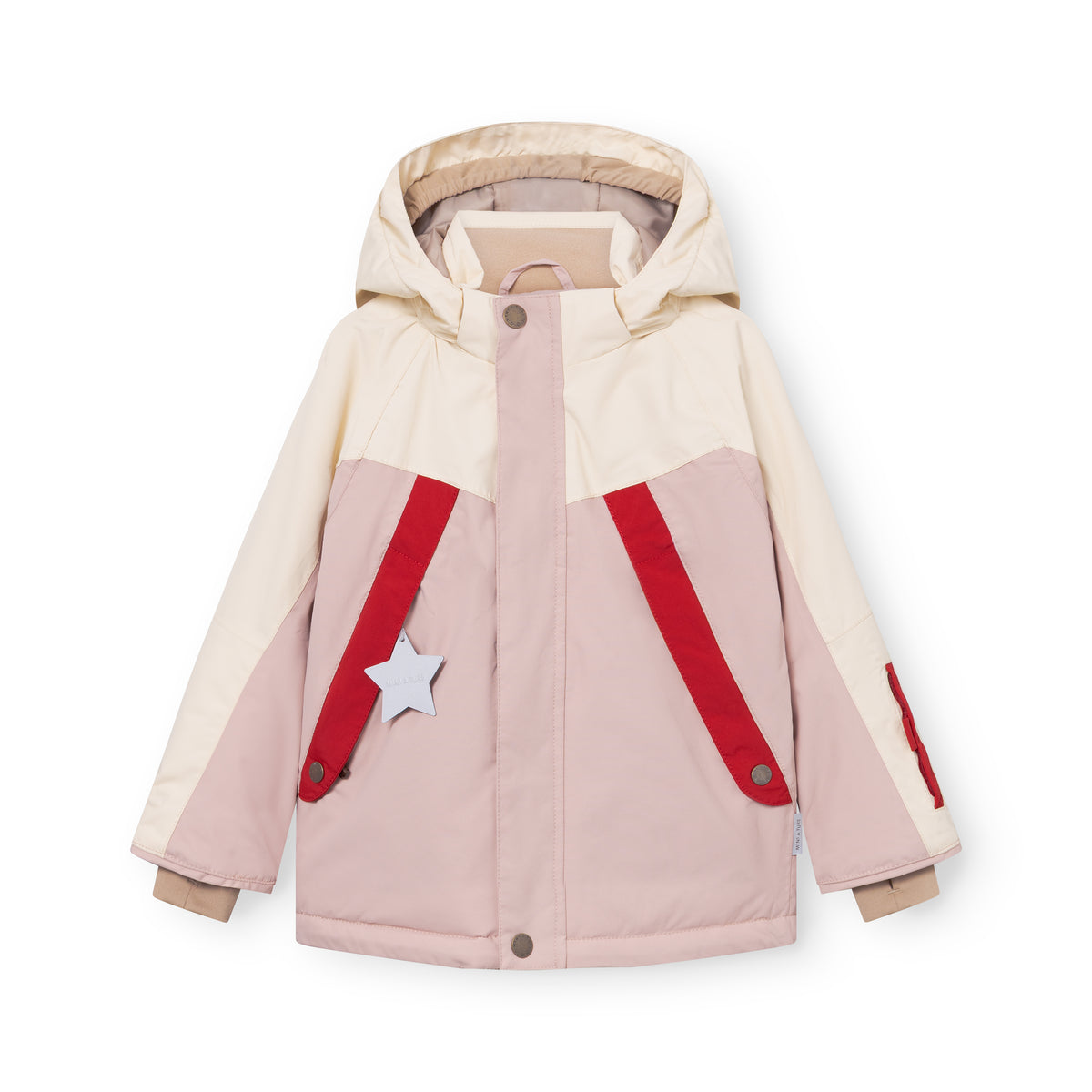 MATVALONSO ski jacket in pale pink and cream with diagonal red stripes across the chest, detachable hood fastened with snap buttons and white star detail on the front pocket, displayed flat against a white background.