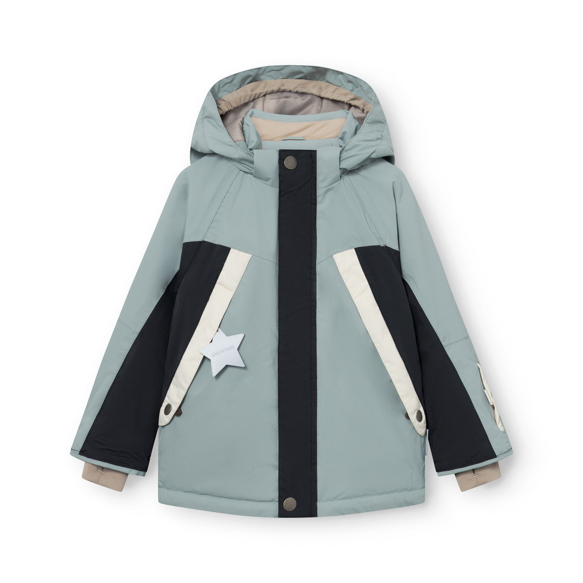 MATVALONSO ski jacket in soft blue-grey with diagonal colour-block panels in black and cream running across the chest and sleeves, a detachable hood and a white star detail on the front pocket, displayed flat against a white background.