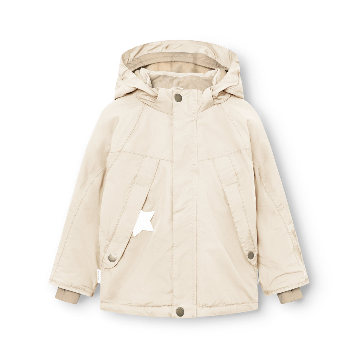 MATVALONSO ski jacket in soft cream with a detachable hood, white star detail on the front pocket and snap-button fastenings, displayed flat against a white background.