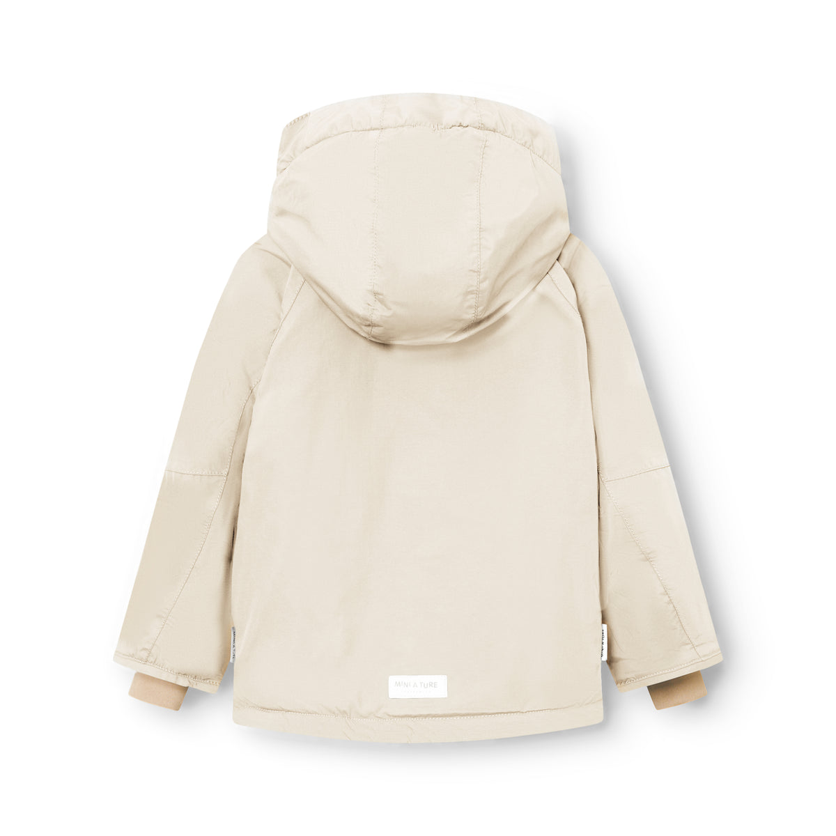 MATVALONSO Skijacke in hellem Beige von hinten, flach ausgelegt mit abnehmbarer Kapuze und weißem Mini A Ture Etikett, zeigt die vollständig versiegelten Nähte und die normale Passform.