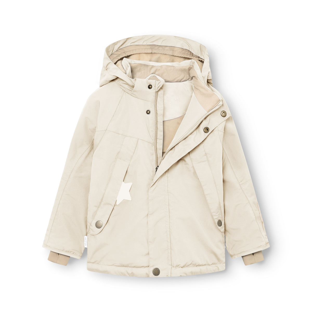 MATVALONSO Skijacke in hellem Beige, flach ausgelegt mit geöffnetem Reißverschluss und abnehmbarer Kapuze, zeigt die schrägen Fronttaschen mit Druckknöpfen, den weißen Sternreflektor und die THERMOLITE-Isolierung im Inneren.