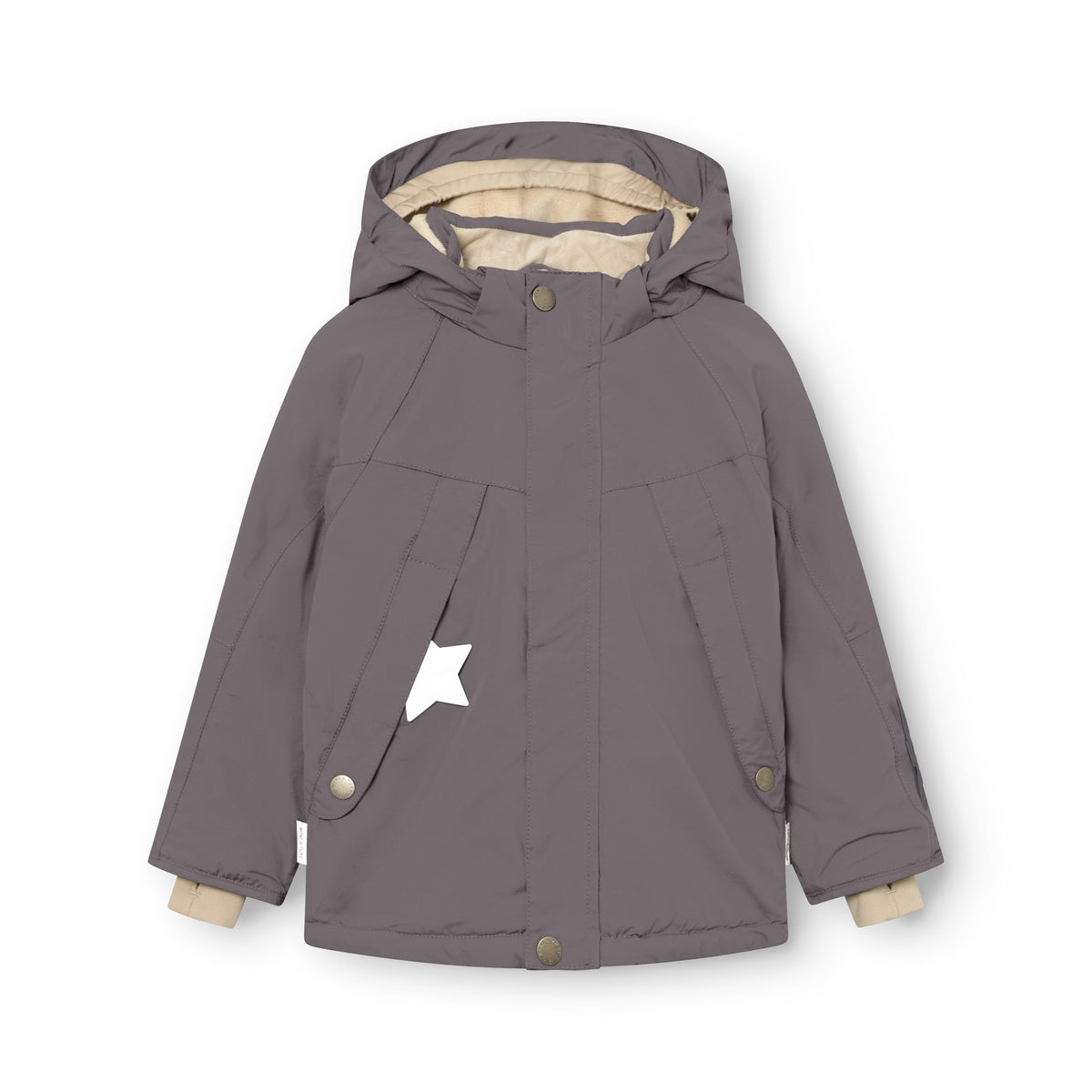 MATVALONSO ski jacket in slate grey with a detachable hood, diagonal snap-button front pockets with a white star detail, and a soft cream fleece-lined interior visible at the hood and cuffs, displayed flat against a white background.