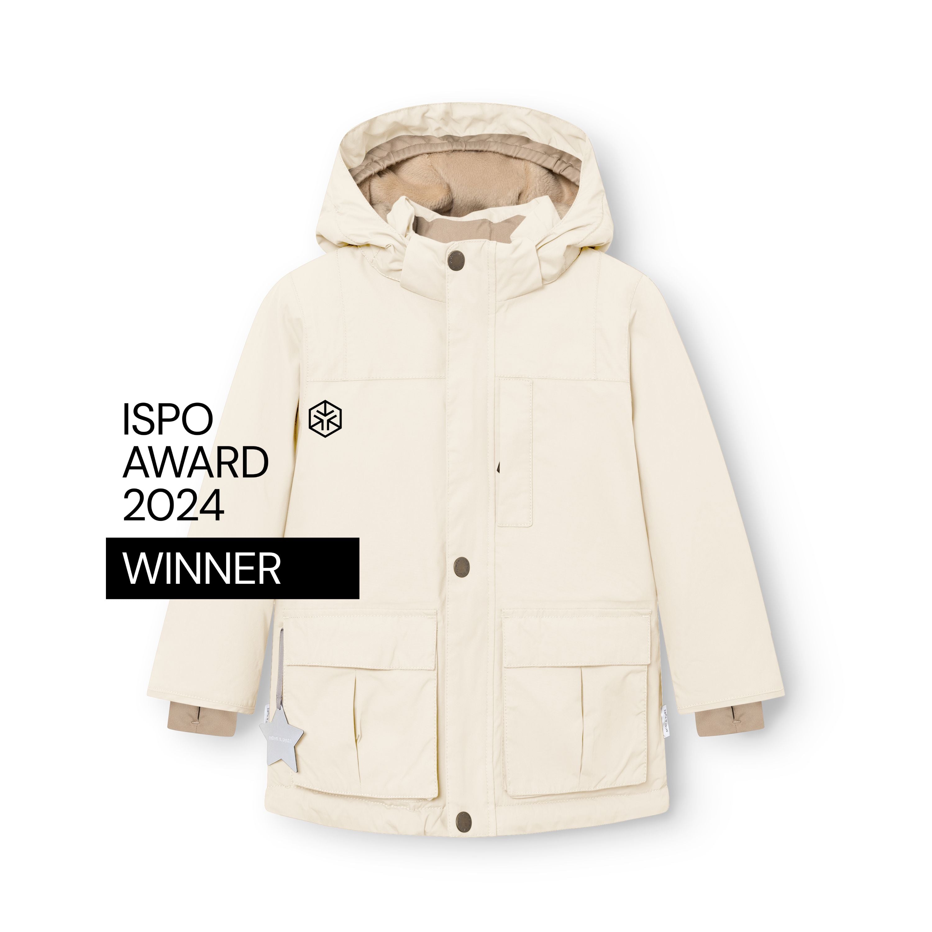 Cream MATKASTORIO fleece lined winter jacket photographed from the front with hood attached and snap-button closure fastened, showing beige fleece lining visible inside the hood and at the cuffs, large cargo-style flap pockets at the lower front, white reflective star detail hanging from the right pocket, and ISPO Award 2024 Winner badge on the left chest.