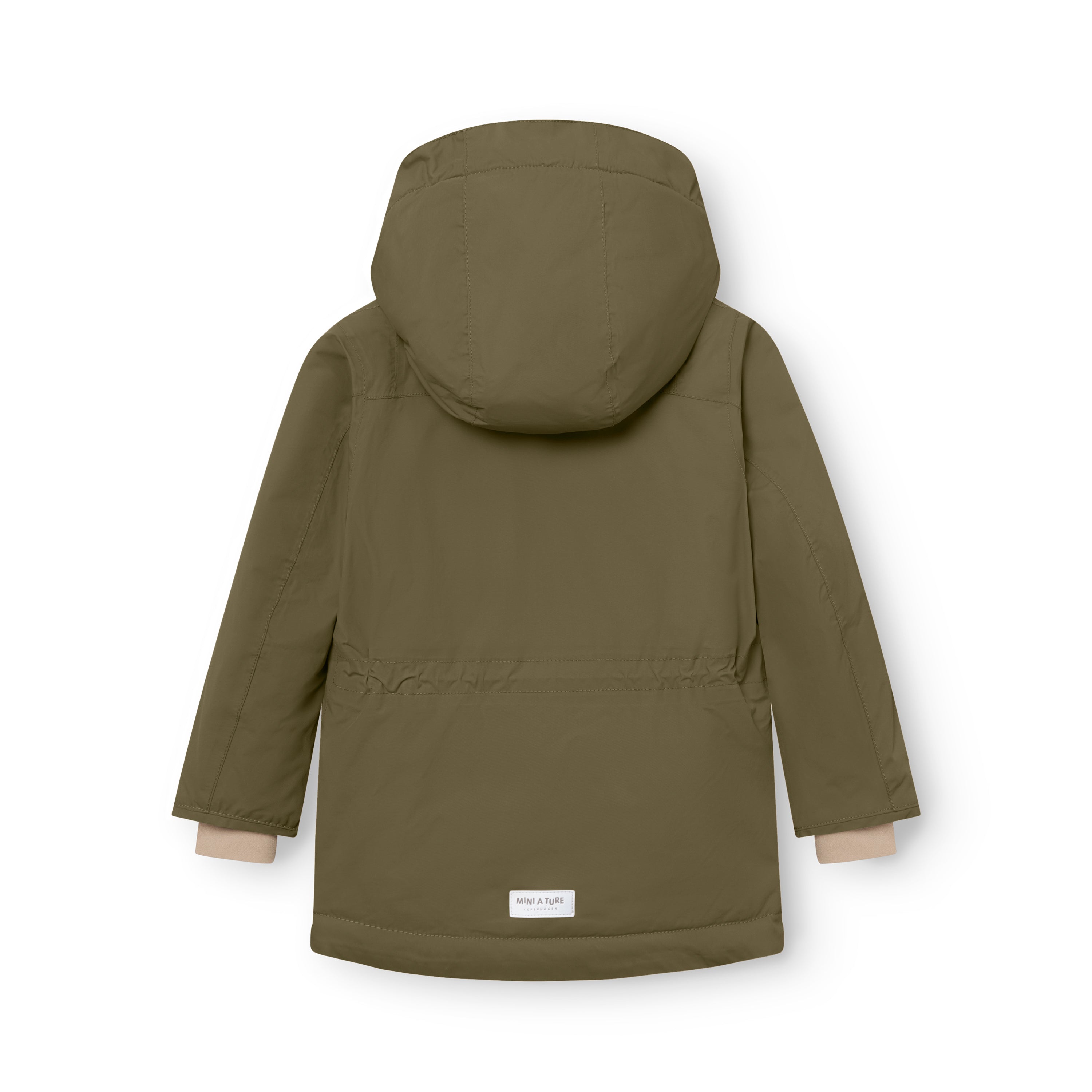 Back view of olive green MATKASTORIO fleece lined winter jacket showing extended parka-length hem, detachable hood with snap-button fastening, internal suspenders visible at the shoulders, and MINI A TURE label at the lower back.