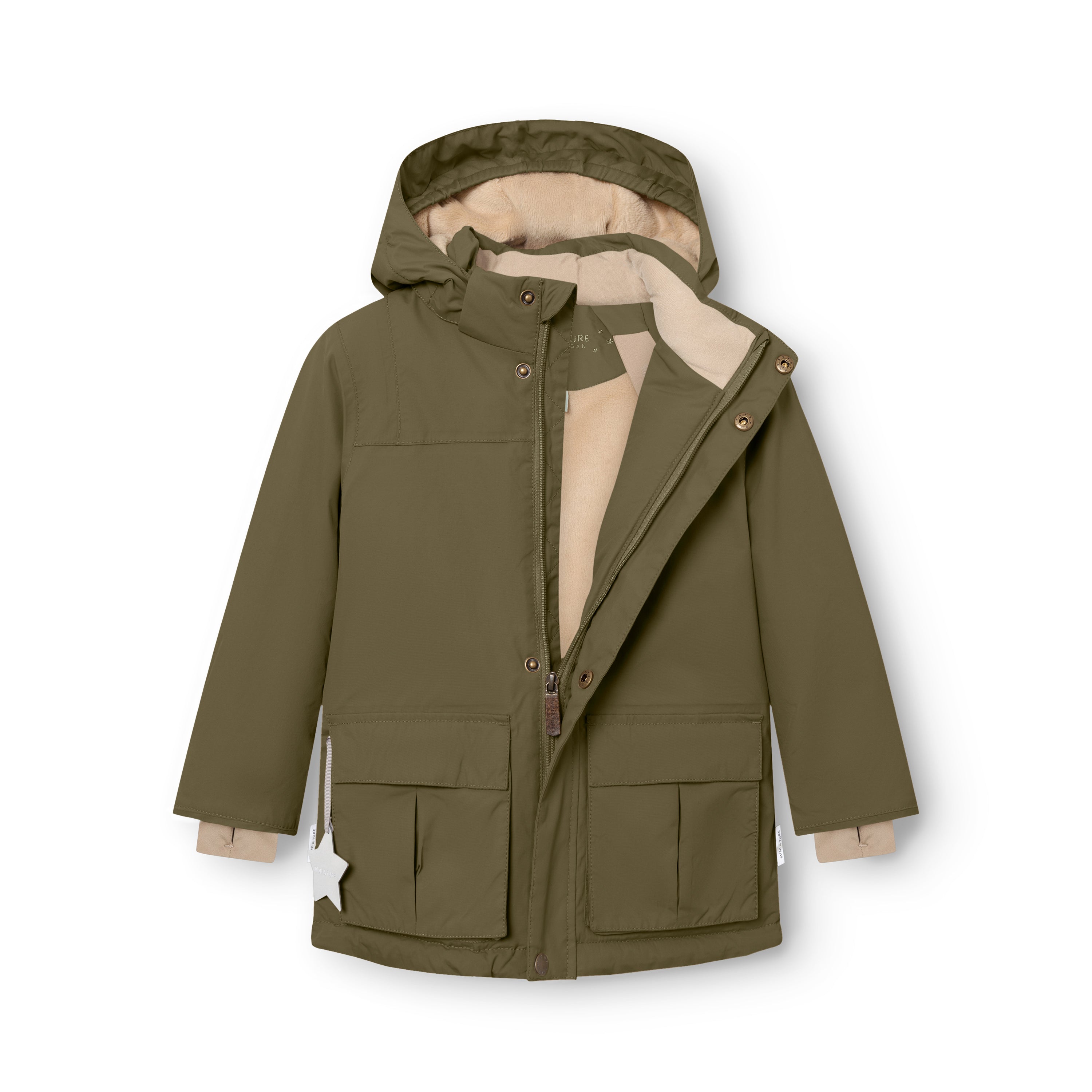 Olive green MATKASTORIO fleece lined winter jacket displayed flat with hood attached, showing front zip closure, large flap pockets with magnetic fastenings, extended parka-length hem, and 70 lux reflective star detail on the right pocket.