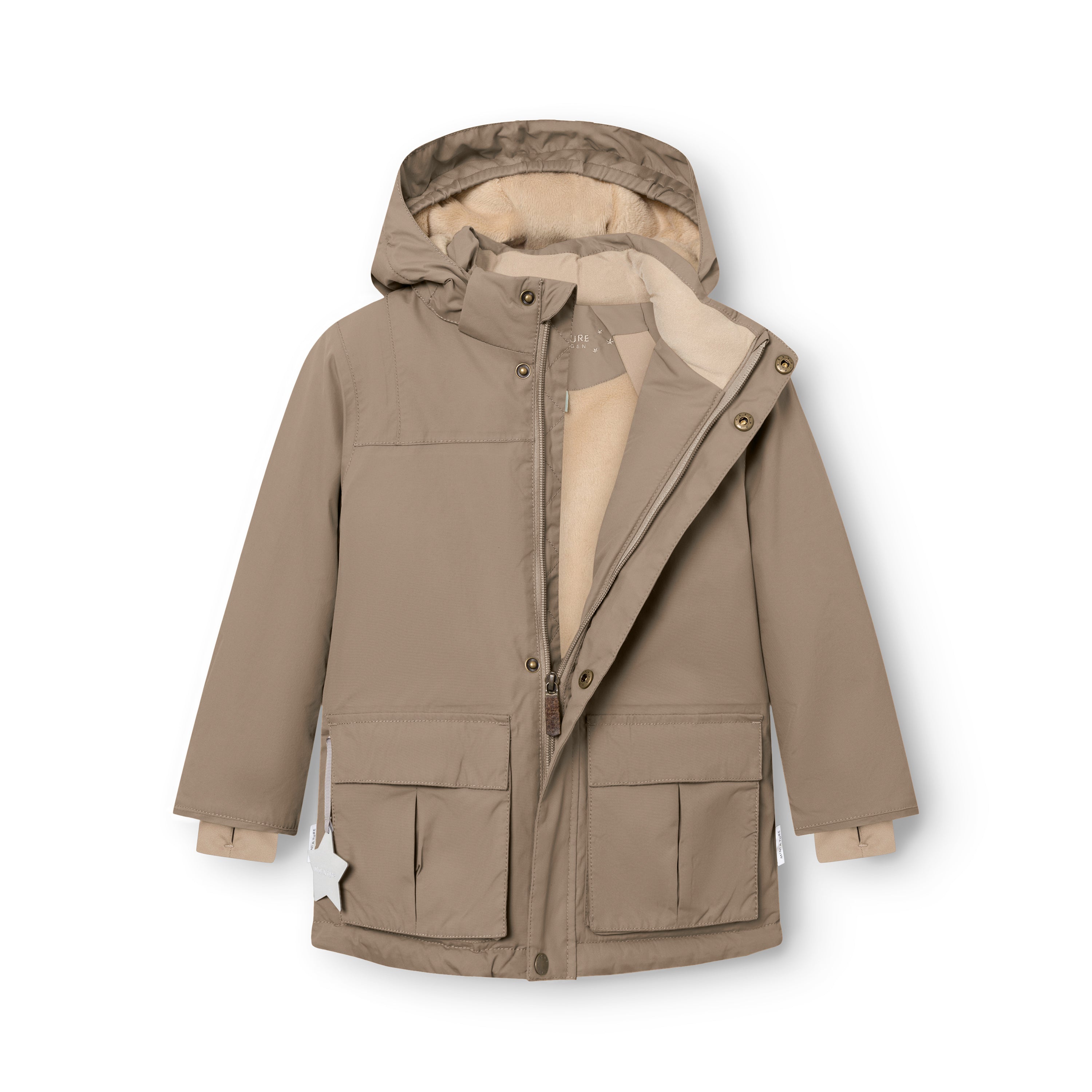 Taupe MATKASTORIO fleece lined winter jacket displayed with front zip and snap-button placket partially open, exposing the beige fleece-lined interior, beige snow cuffs visible at the wrists, large cargo-style flap pockets at the front, and white reflective star detail hanging from the right pocket.