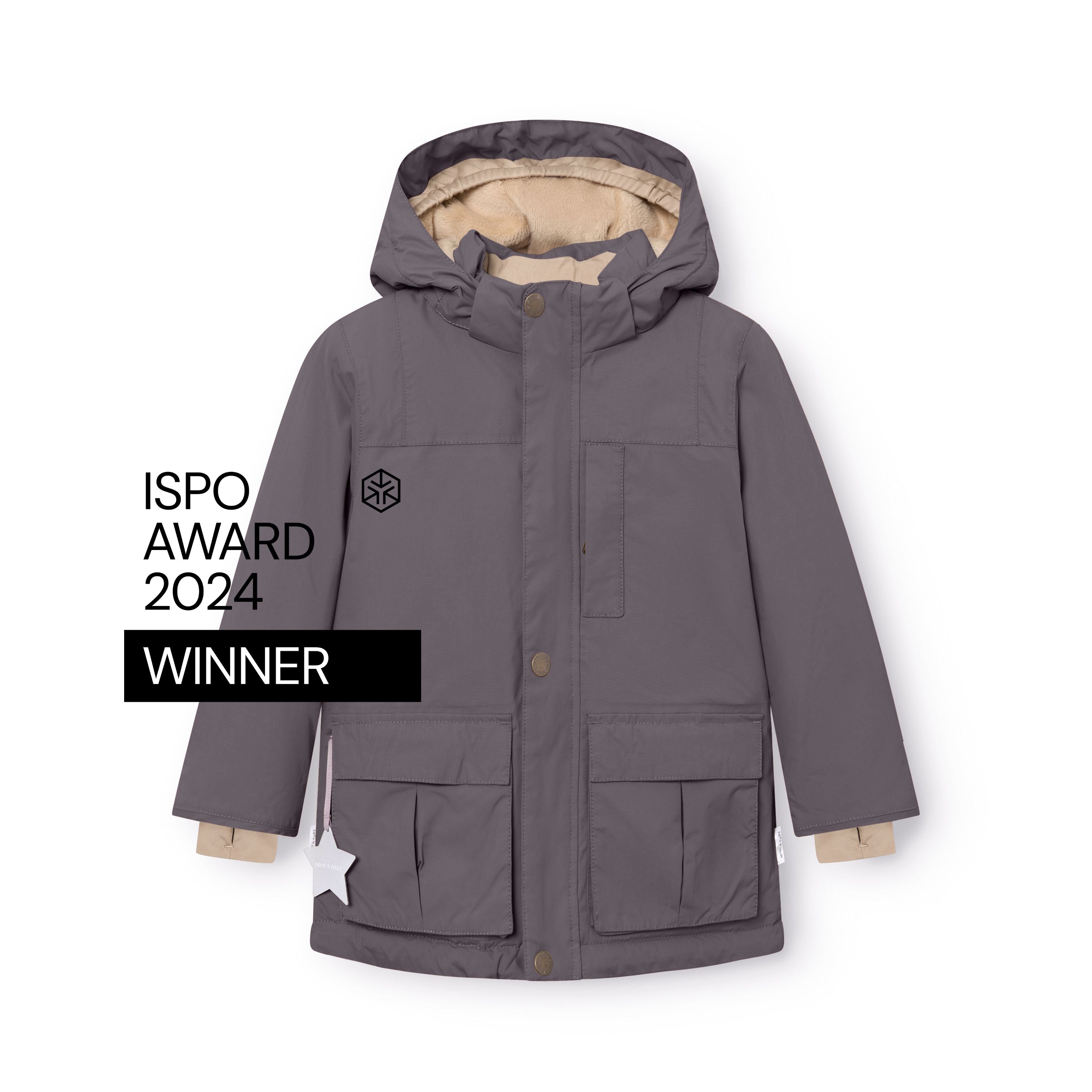 Charcoal grey MATKASTORIO fleece lined winter jacket shown from the front with hood attached, snap-button closure fastened, beige fleece lining visible inside the hood and at the cuffs, large cargo-style flap pockets at the lower front, white reflective star detail on the right pocket, and ISPO Award 2024 Winner badge on the left chest.