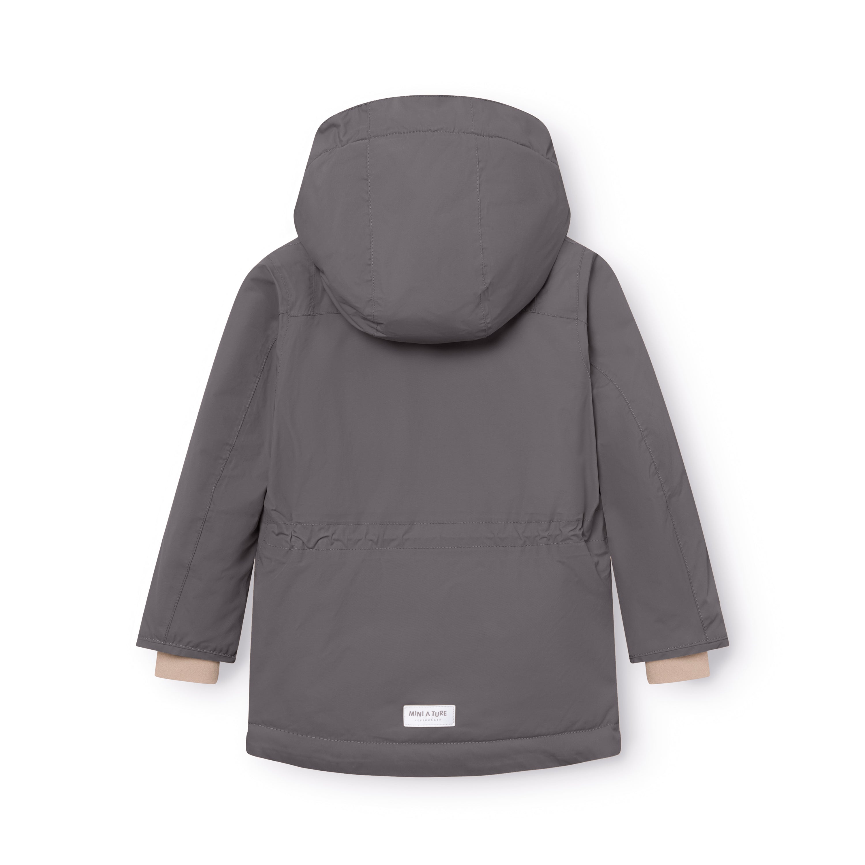 Charcoal grey MATKASTORIO fleece lined winter jacket photographed from the back with detachable hood in place, displaying the parka-length silhouette, horizontal seam dividing the fleece-lined upper from the Sorona Aura padded lower section, beige fleece visible at the cuffs, and white MINI A TURE woven label at the lower back hem.