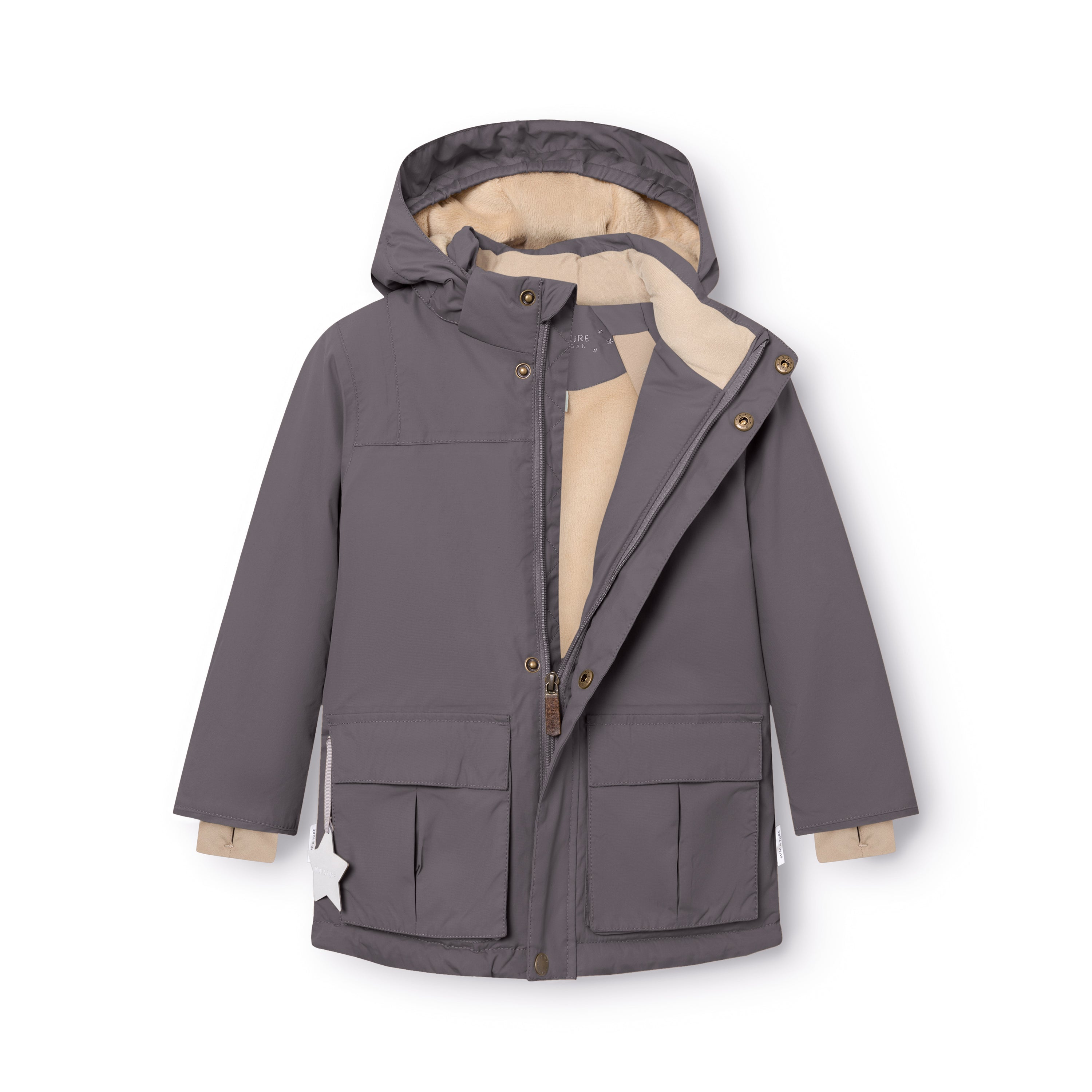 Charcoal grey MATKASTORIO fleece lined winter jacket displayed with front zip and snap-button placket open, revealing the beige fleece-lined hood and upper interior, beige snow cuffs at the wrists, large cargo-style flap pockets at the front, and white reflective star detail on the right pocket.