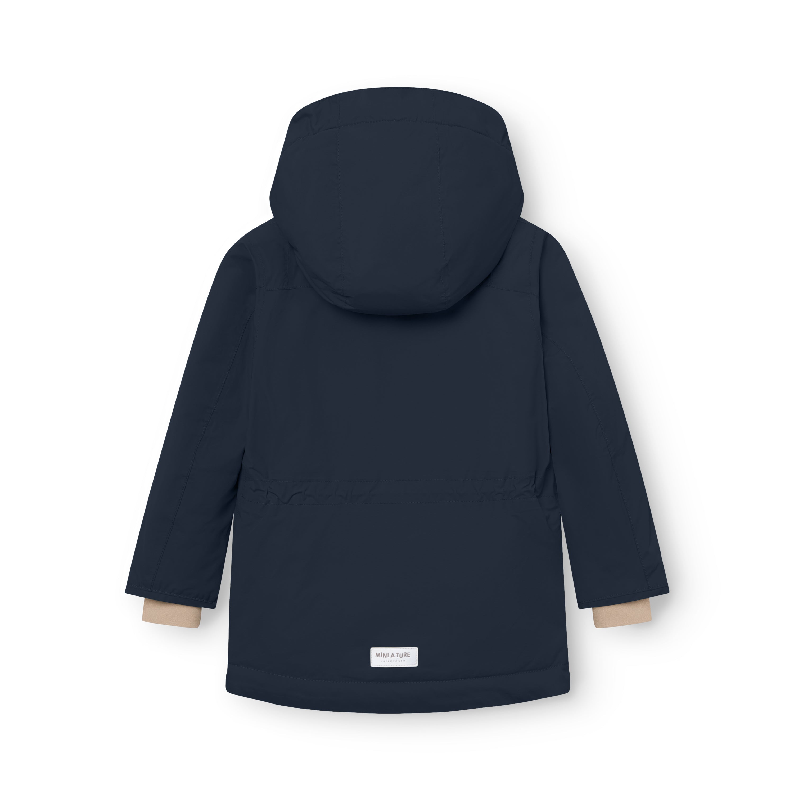 Navy blue MATKASTORIO fleece lined winter jacket shown from the back, displaying the extended parka-length hem, detachable hood, beige fleece lining visible at the cuffs, and MINI A TURE woven label at the lower back hem.