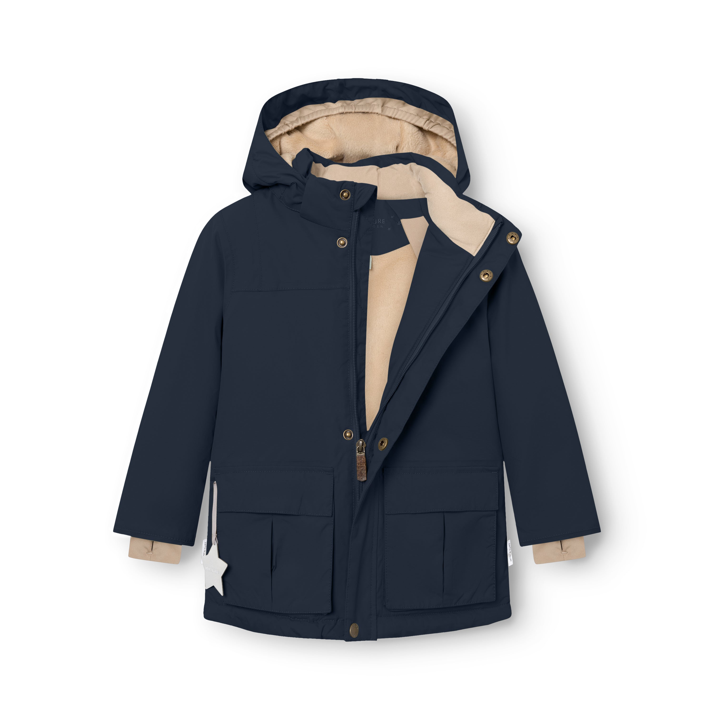 Navy blue MATKASTORIO fleece lined winter jacket displayed flat with detachable hood fastened, showing front zip and snap-button closure, large flap pockets with magnetic fastenings, beige fleece lining visible at the collar and cuffs, and white reflective star detail on the right pocket.