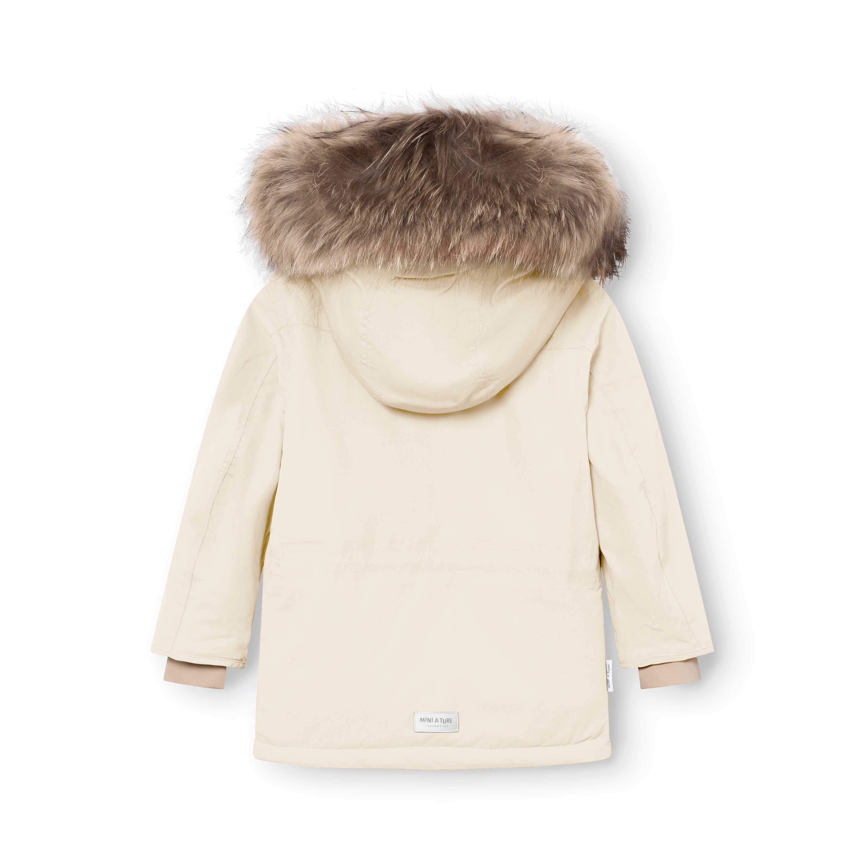 MATKASTORIO fleece lined winter jacket in cream, rear view showing the detachable hood with genuine fur trim, waterproof recycled polyamide shell, improved sleeve fit and MINI A TURE label at the lower back hem.