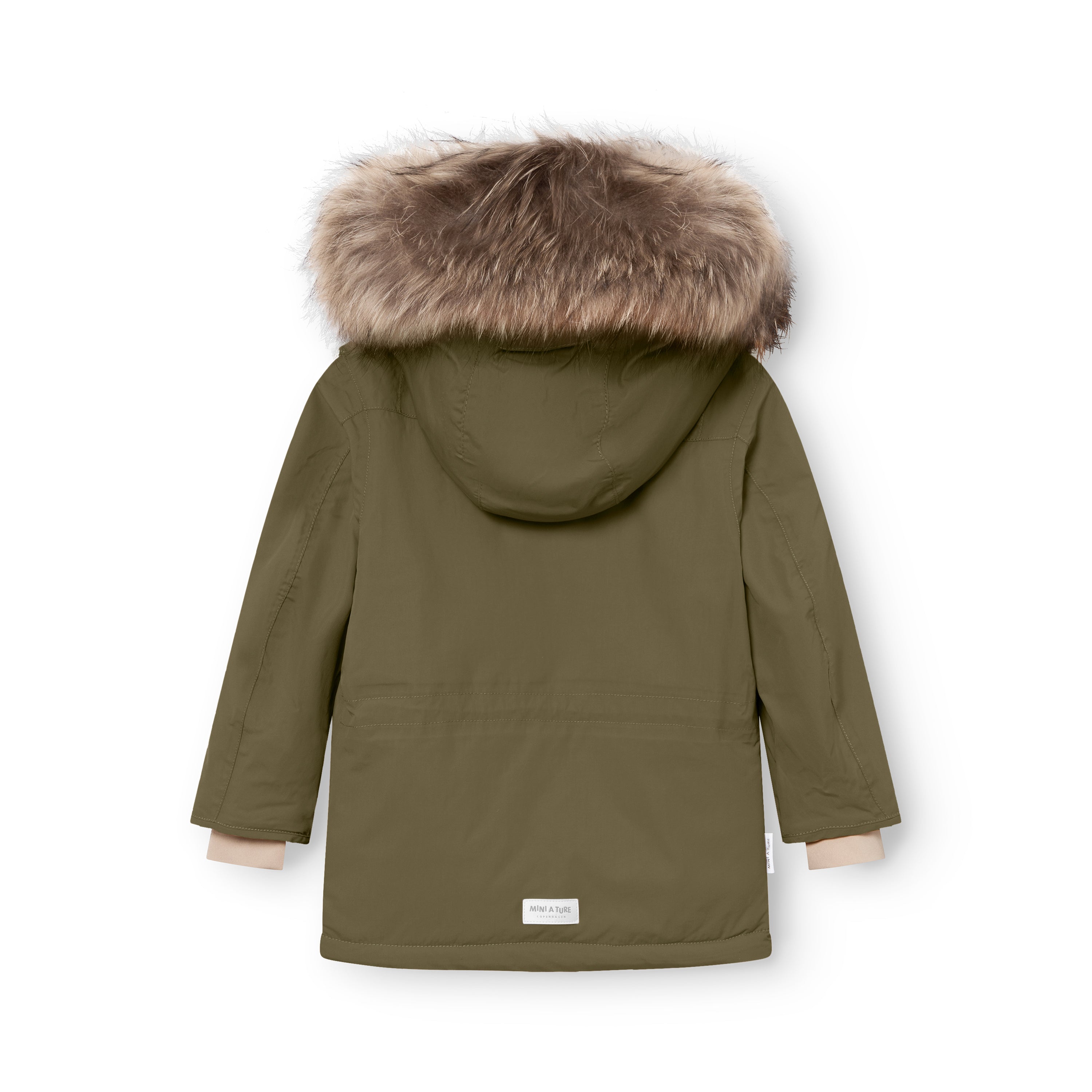 MATKASTORIO fleece lined winter jacket in olive green, rear view showing the detachable hood with genuine fur trim, waterproof recycled polyamide shell, improved sleeve construction and MINI A TURE label at the lower back hem.