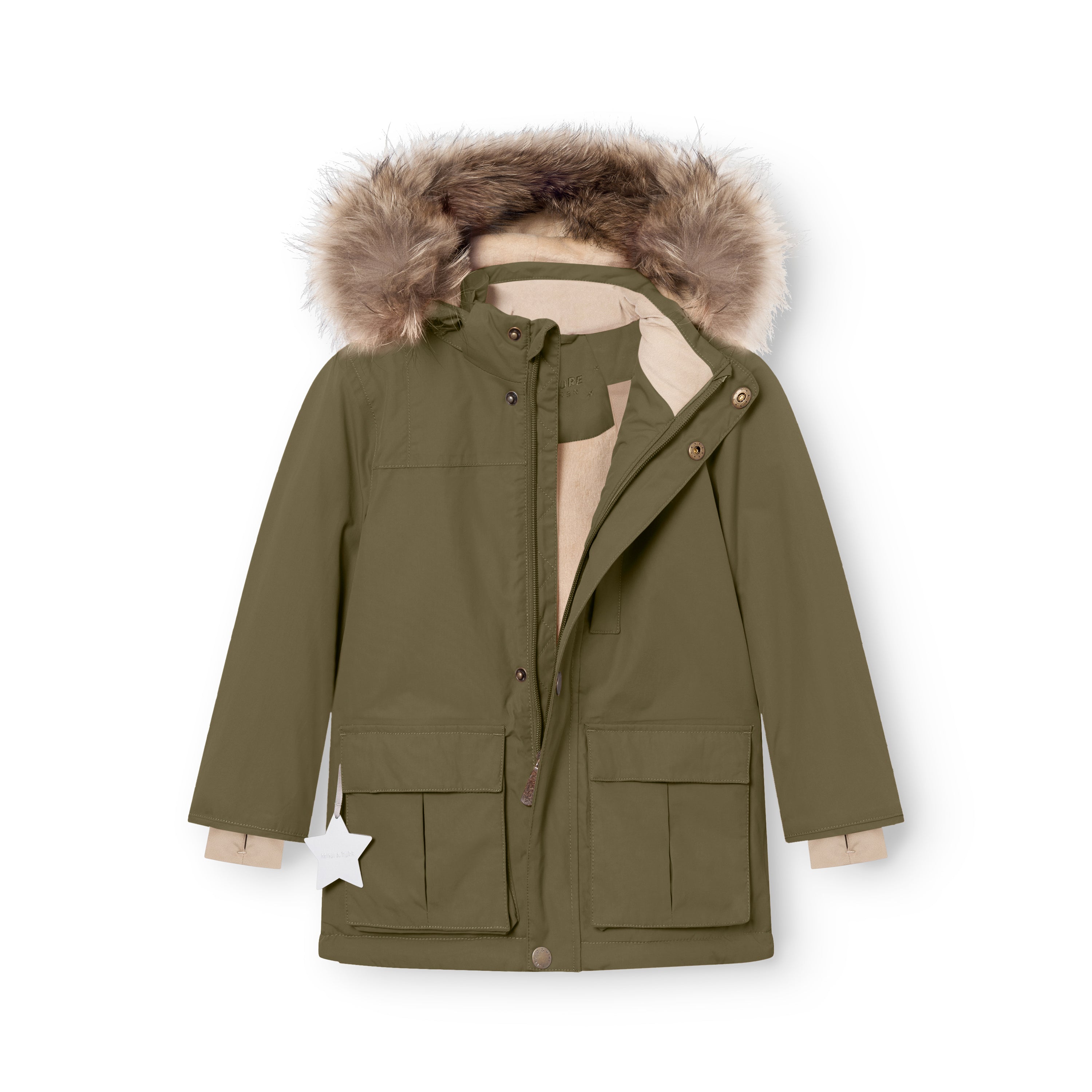 MATKASTORIO fleece lined winter jacket in olive green, front view with hood pulled forward to reveal the genuine fur trim, beige fleece lining visible at the collar and upper chest, snap button and zip closure, two utility pockets with flap covers at the lower front and a white reflective star detail on the right pocket.