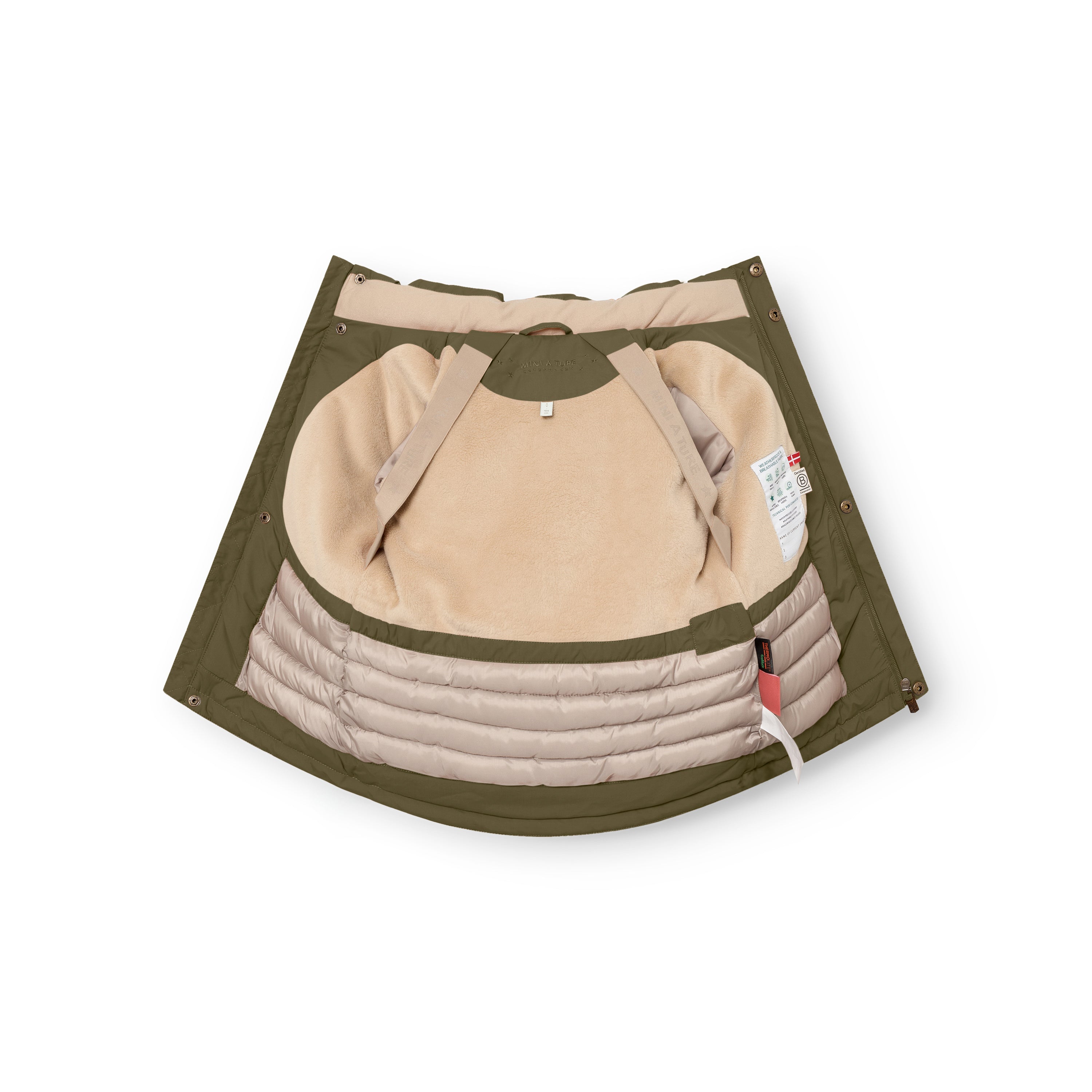 MATKASTORIO fleece lined winter jacket in olive green, interior view laid open displaying the beige fleece lining at the upper body, Sorona Aura padded lower section with horizontal quilting, internal suspenders with snap button fastenings and a care label visible on the right side.