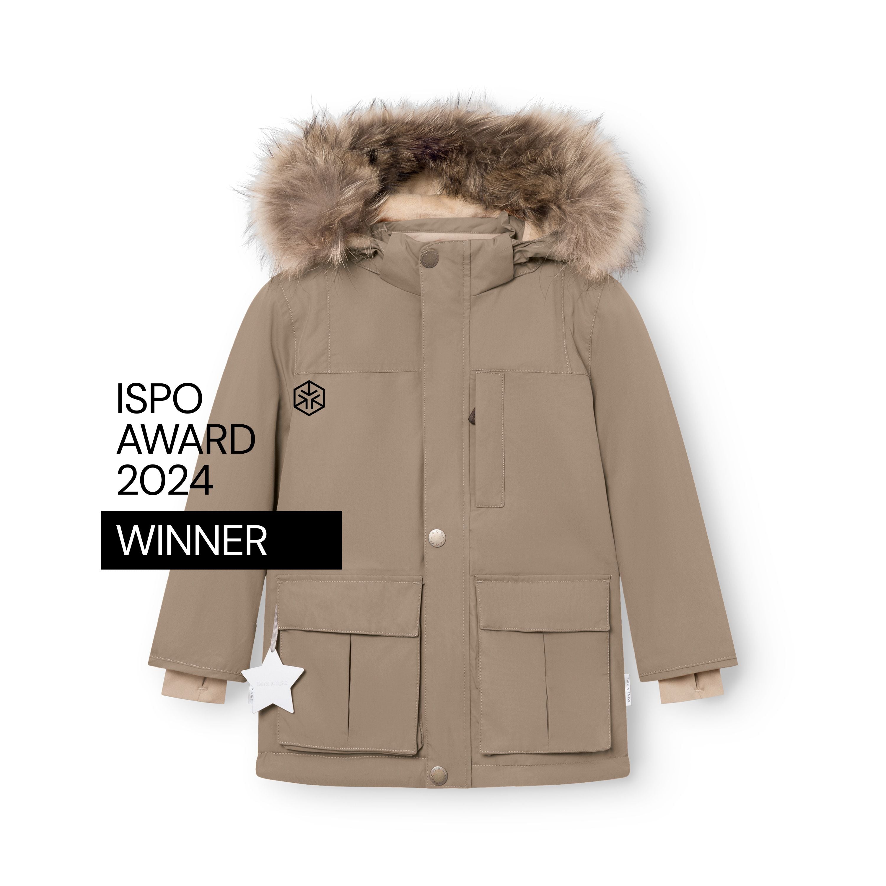MATKASTORIO fleece lined winter jacket in beige, front view showing detachable hood with genuine fur trim, snap button closure, front pockets with magnetic fastenings and ISPO Award 2024 Winner badge.