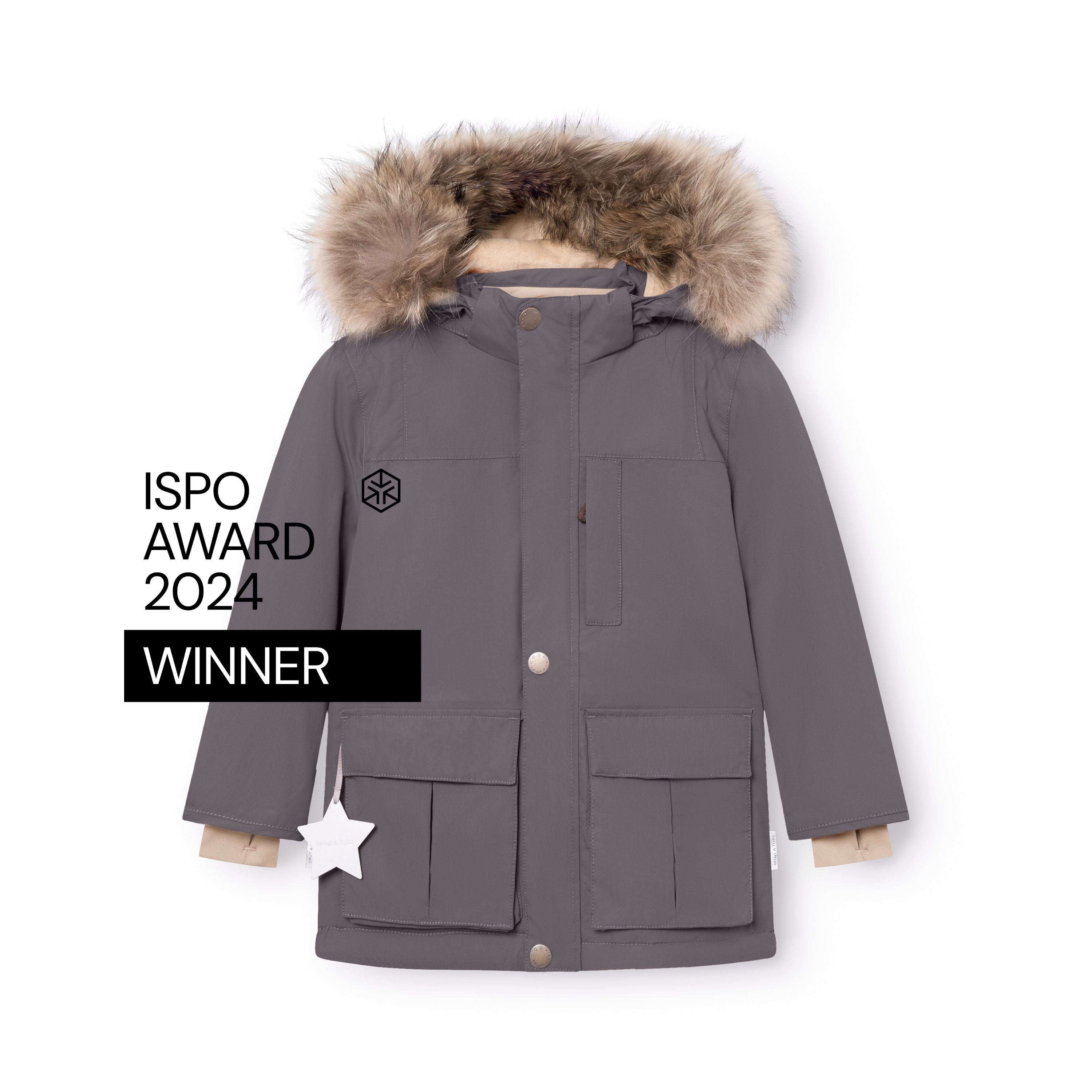 MATKASTORIO fleece lined winter jacket in grey, front view worn by a child showing the detachable hood with genuine fur trim, snap button front closure, lower front pockets with magnetic fastenings, reflective star detail and ISPO Award 2024 Winner badge.