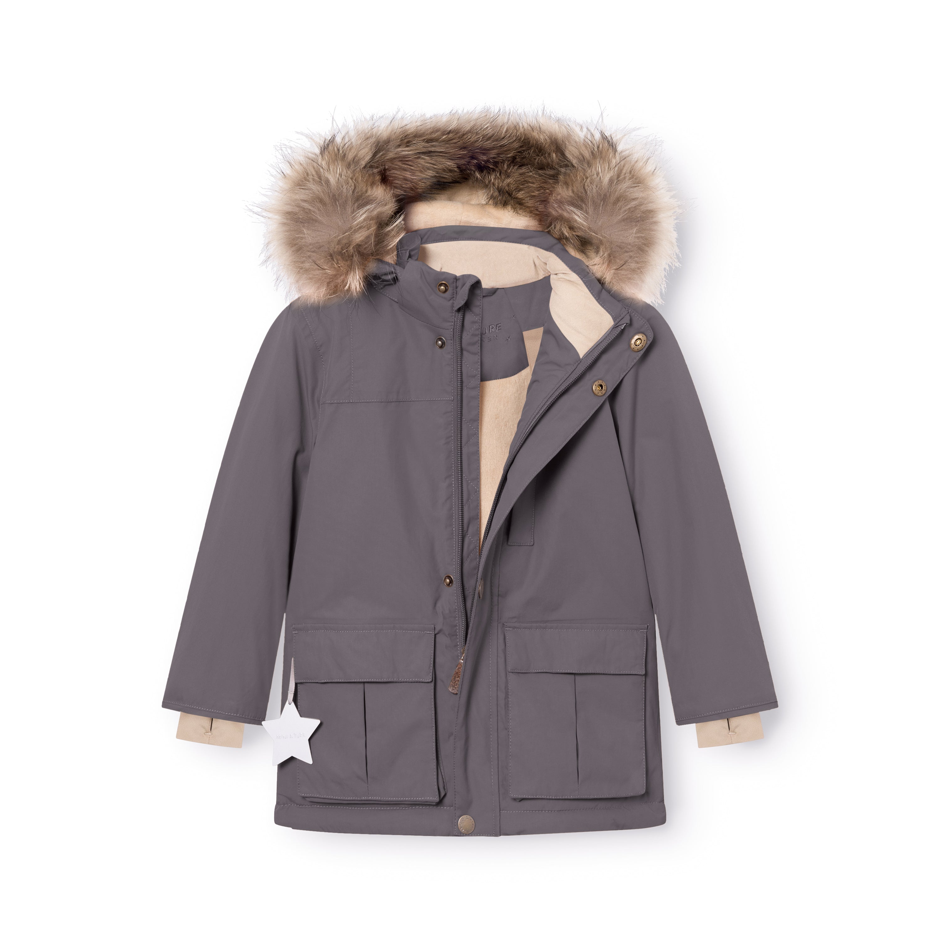 MATKASTORIO fleece lined winter jacket in grey laid flat, displaying the detachable hood with genuine fur trim, snap button and zip front closure, lower front pockets with flap covers, reflective star detail and the parka-inspired silhouette with internal suspenders visible at the shoulders.