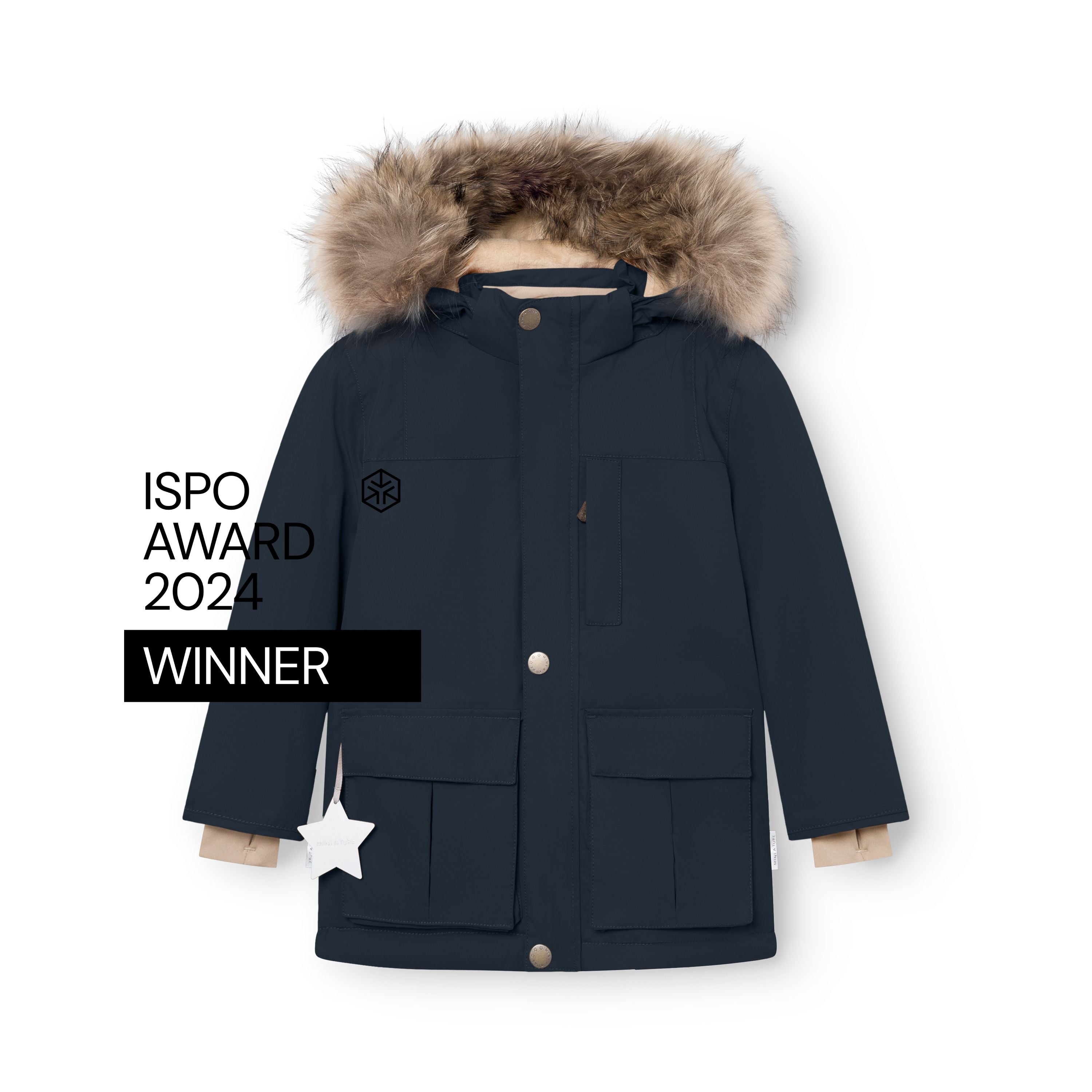 MATKASTORIO fleece lined winter jacket in navy blue laid flat against a white background, displaying the detachable hood with genuine fur trim, snap button front closure, two large lower front pockets with flap covers, reflective star detail and ISPO Award 2024 Winner badge on the left side.
