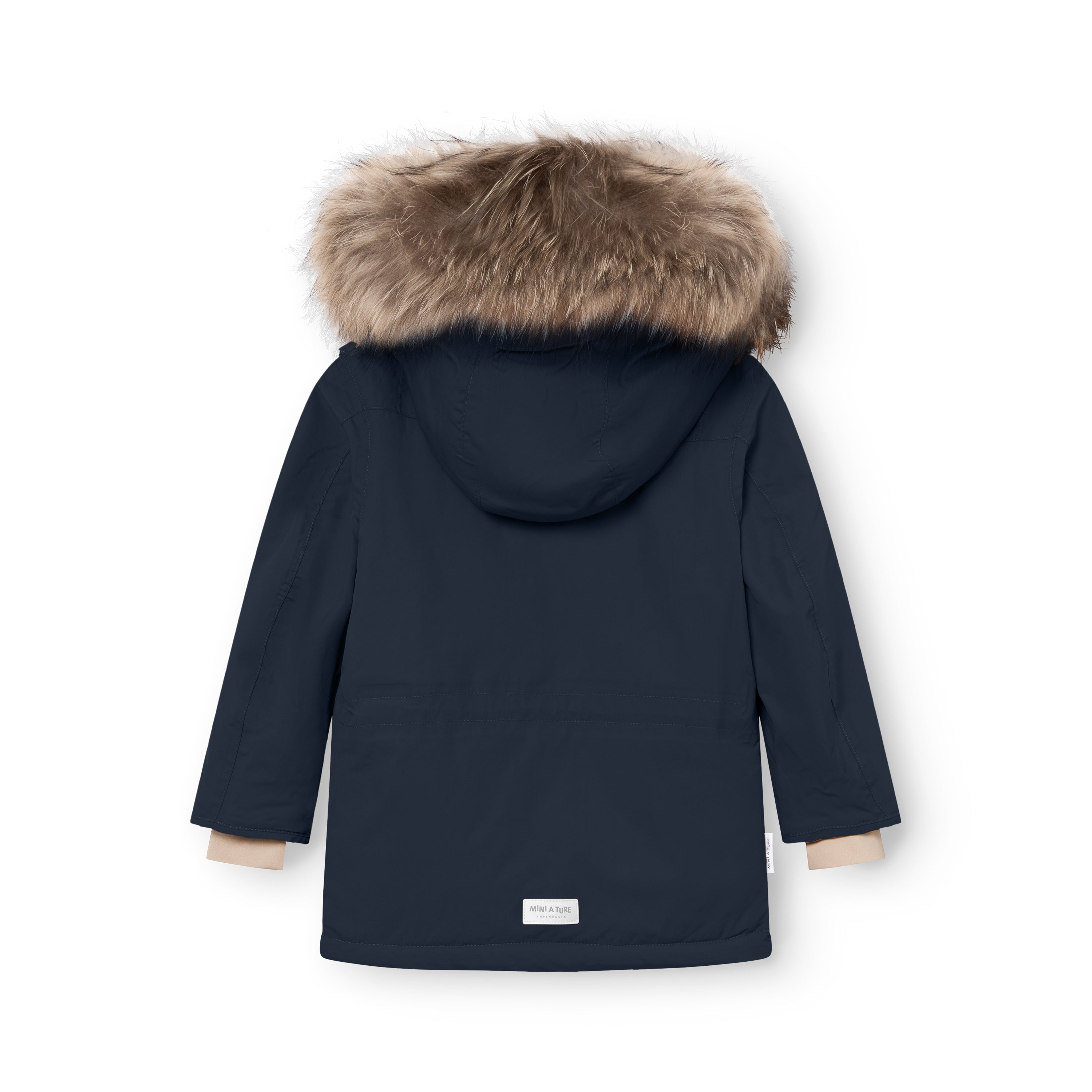 MATKASTORIO fleece lined winter jacket in navy blue, rear view laid flat showing the detachable hood with genuine fur trim, waterproof recycled polyamide shell, improved sleeve fit and MINI A TURE label at the lower back hem.