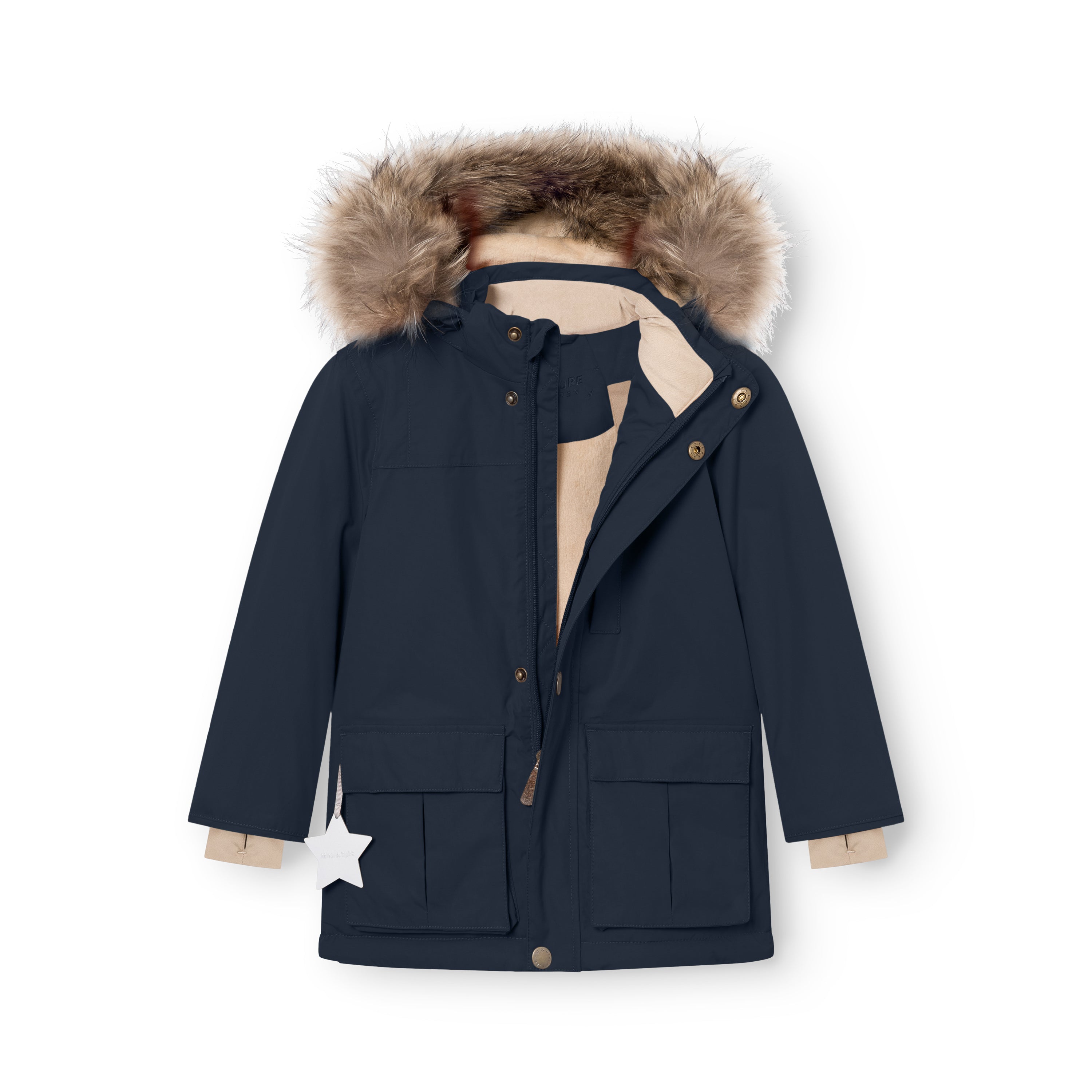 MATKASTORIO fleece lined winter jacket in navy blue, front view with the hood pulled forward to show the genuine fur trim, snap button and zip closure, beige fleece lining visible at the collar and the parka-style utility pockets with flap covers at the lower front.