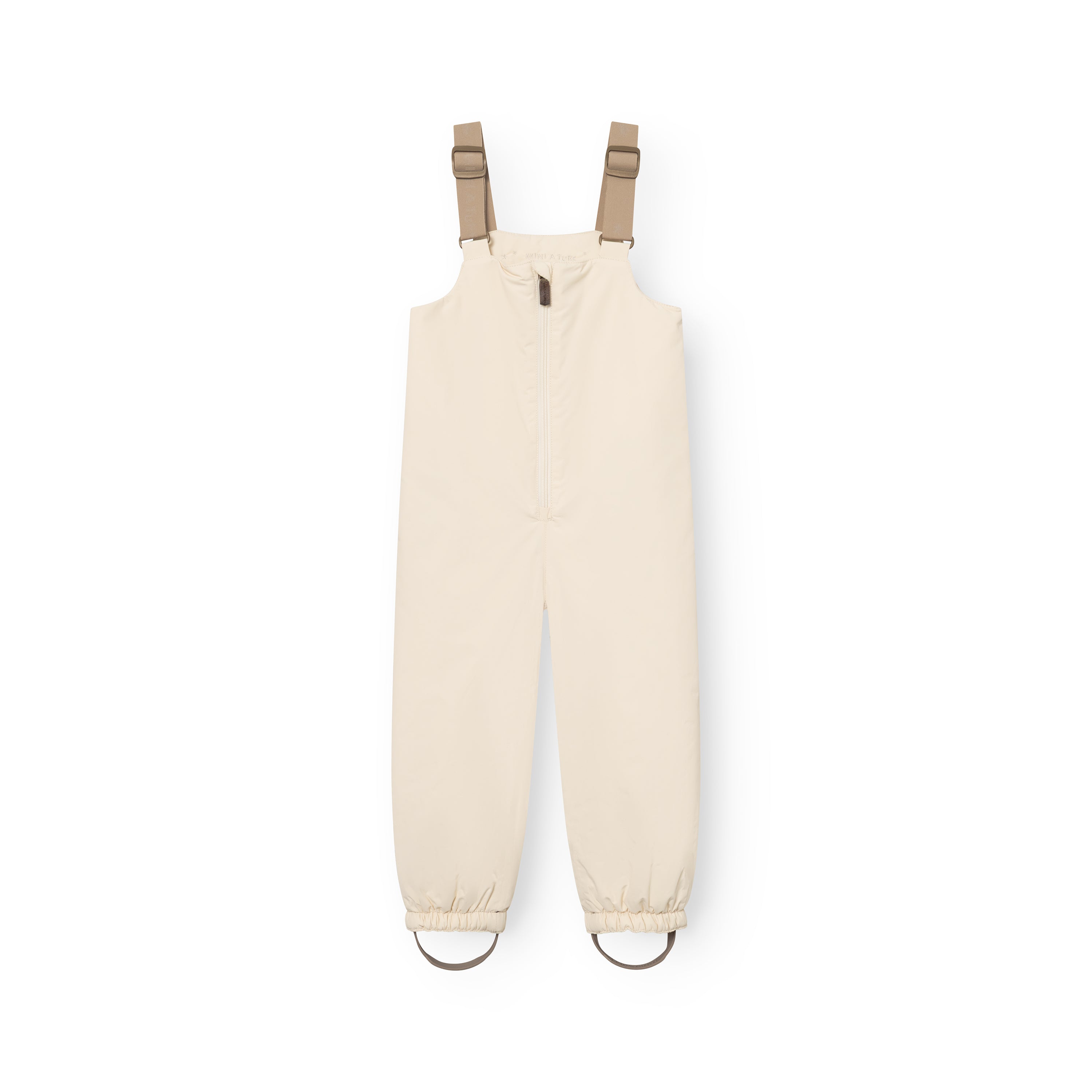 MATWALENTEX snow pants in cream laid flat from the front, with beige adjustable suspenders, a full-length front zip, elasticated ankle cuffs and brown foot straps on a white background.