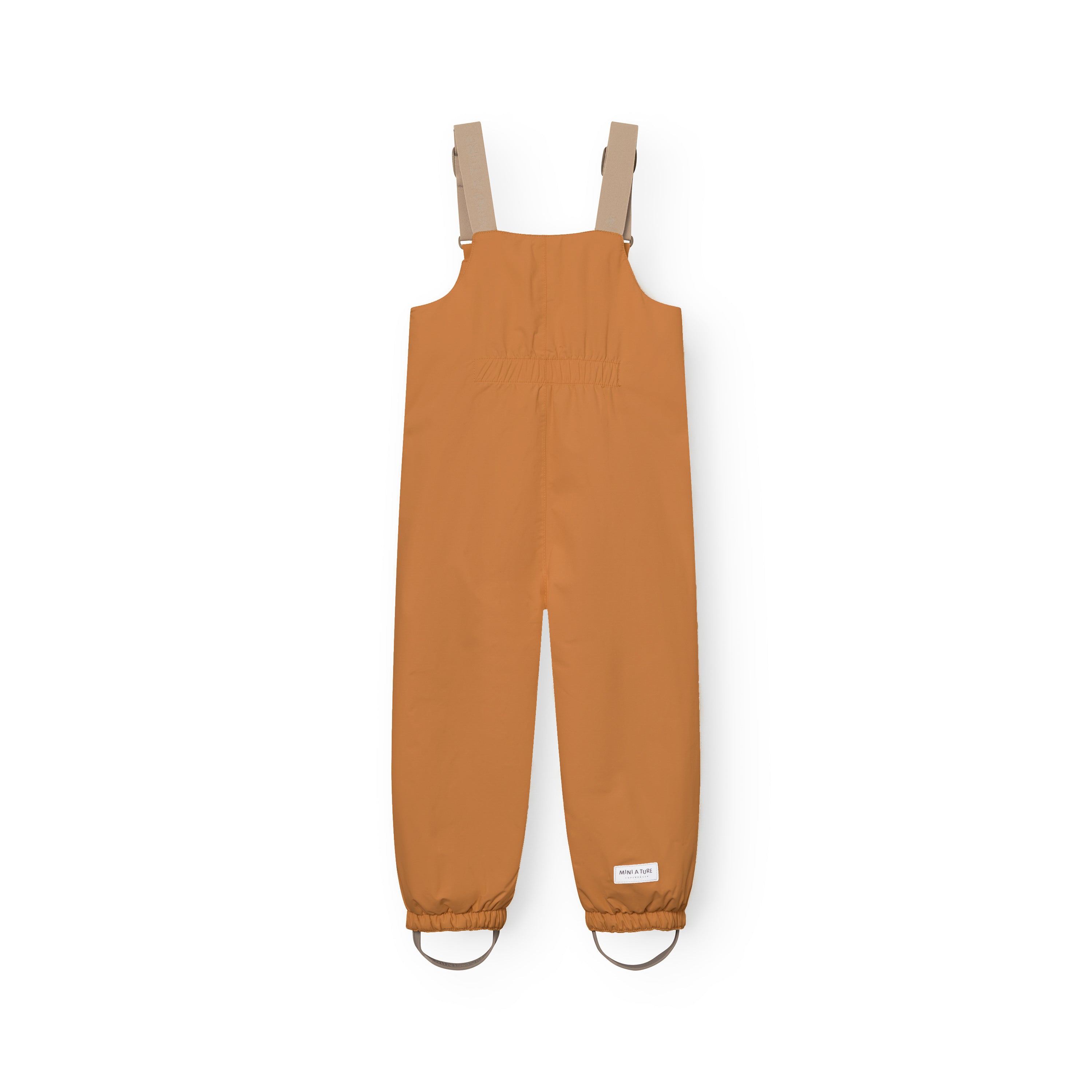 MATWALENTEX snow pants in caramel shown from the back, highlighting the elasticated waist, dropped crotch construction, beige adjustable suspenders and grey foot straps with reflective details at the ankles.