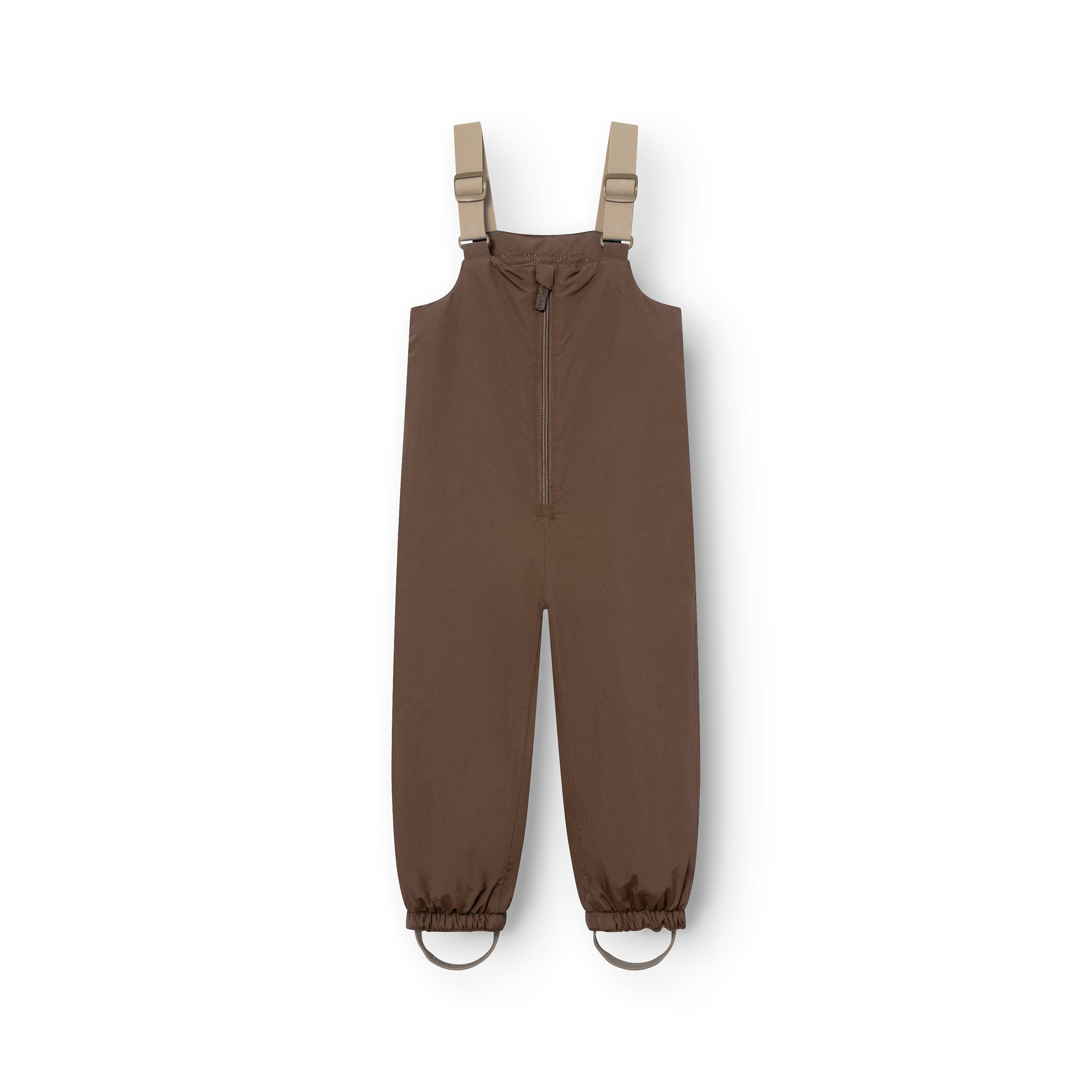 MATWALENTEX snow pants in warm brown displayed flat from the front, showing beige adjustable suspenders, a full-length centre zip, elasticated ankle cuffs and matching brown foot straps on a white background.