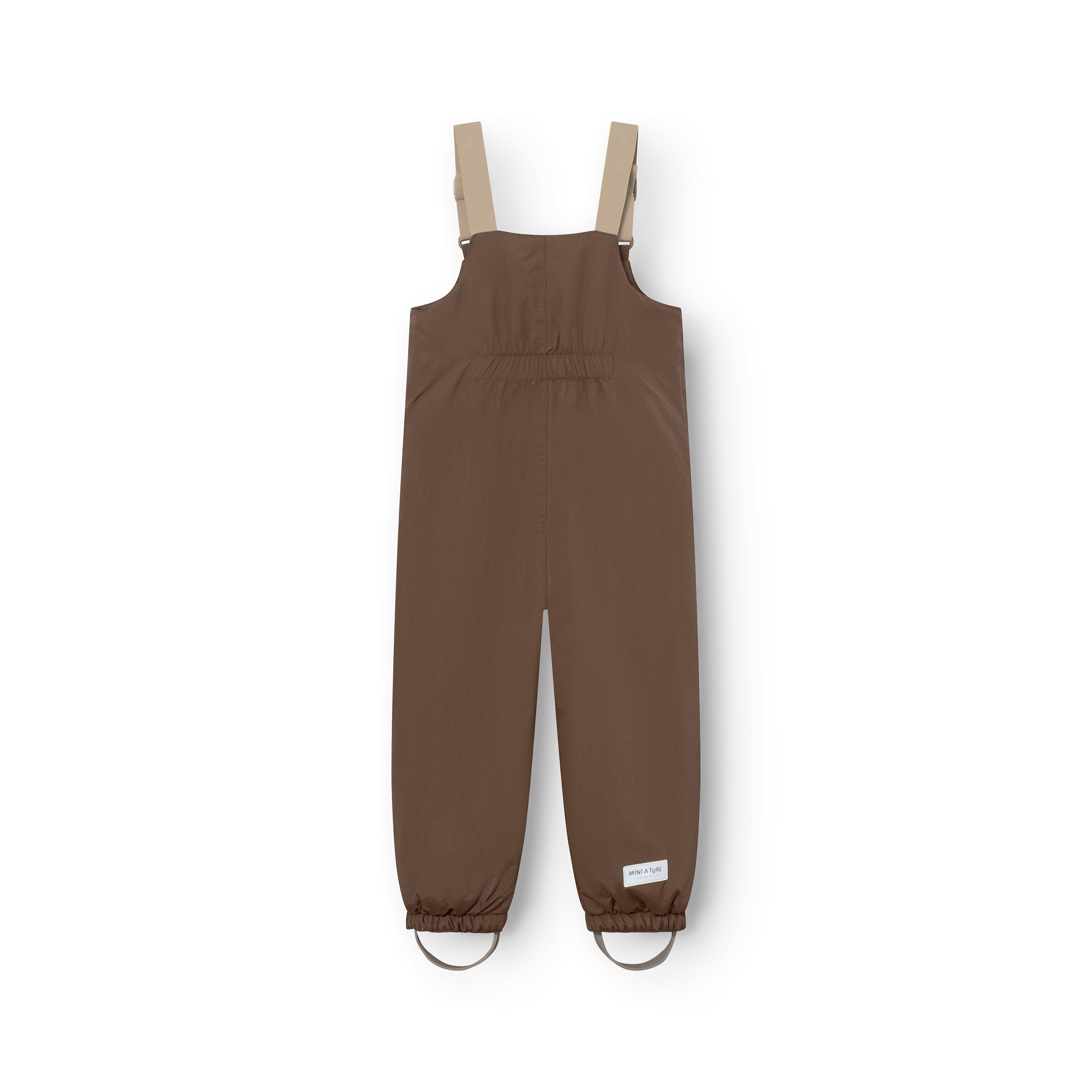 MATWALENTEX snow pants in warm brown viewed from the rear, displaying the elasticated waistband, beige adjustable suspenders, dropped crotch construction, elasticated ankle cuffs and matching brown foot straps on a white background.