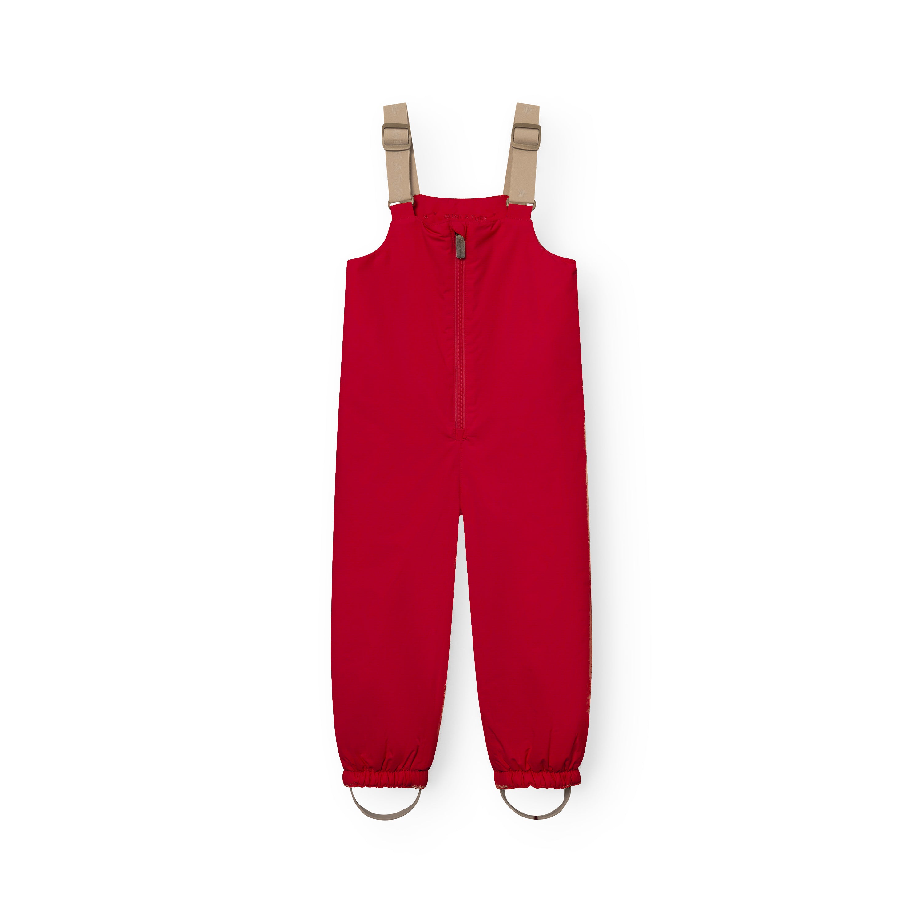 MATWALENTEX snow pants in bright red displayed flat from the front, featuring beige adjustable suspenders, a full-length centre zip, elasticated ankle cuffs and grey foot straps on a white background.