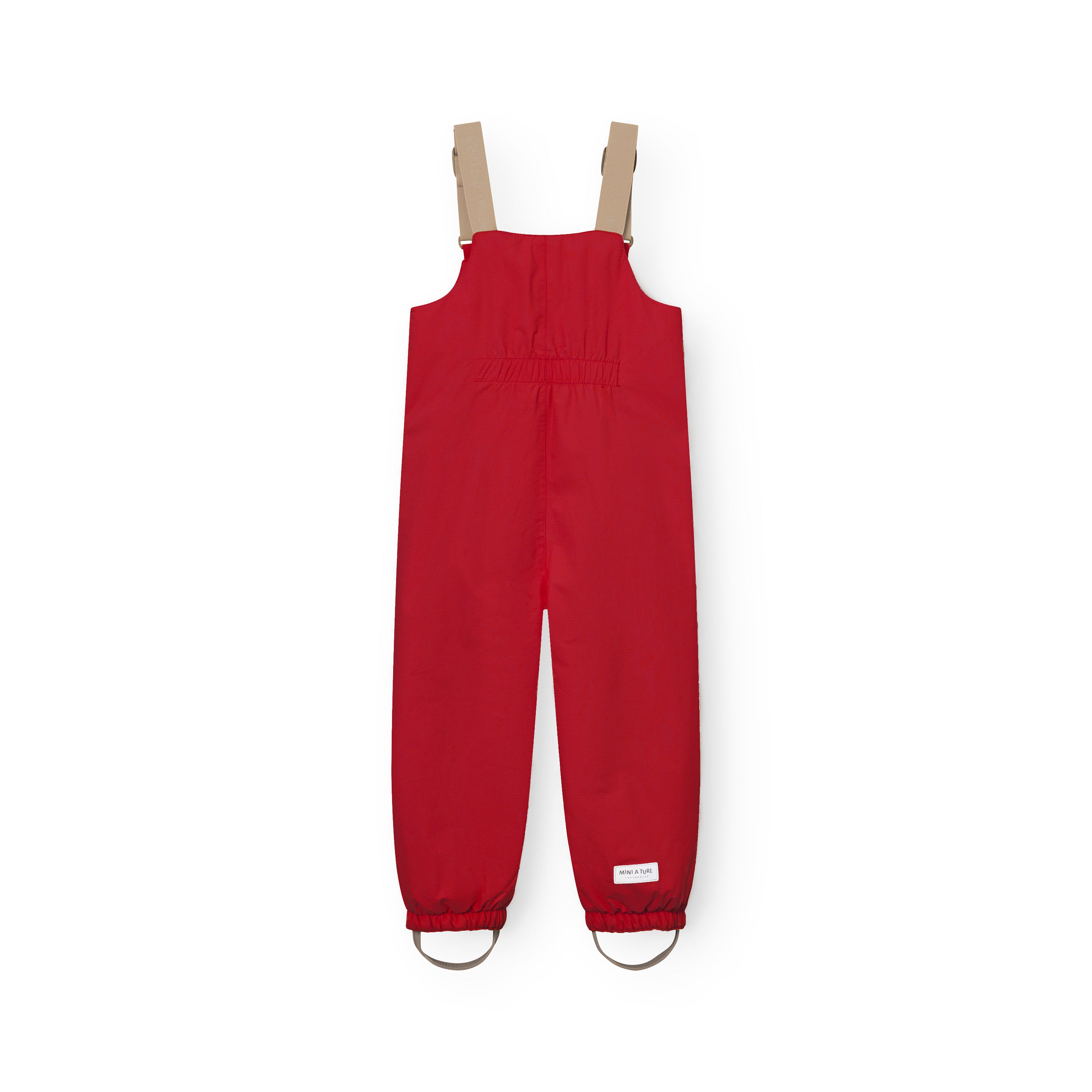 MATWALENTEX snow pants in bright red viewed from the rear, showing the elasticated waistband, beige adjustable suspenders, dropped crotch construction, elasticated ankle cuffs and grey foot straps on a white background.
