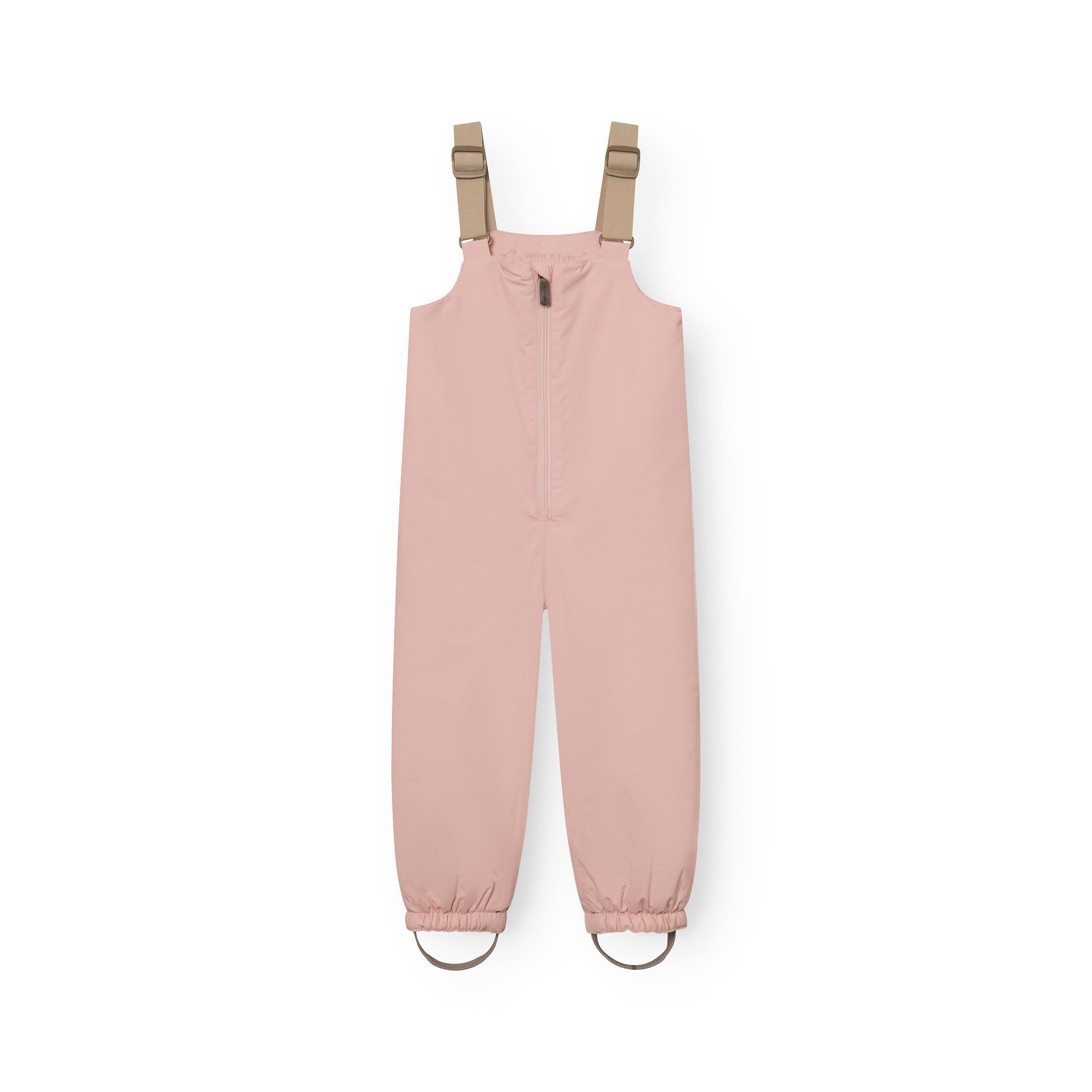 MATWALENTEX snow pants in soft pink laid flat on a white background, showing the full-length front zip, beige adjustable suspenders, elasticated ankle cuffs and grey foot straps with reflective details.
