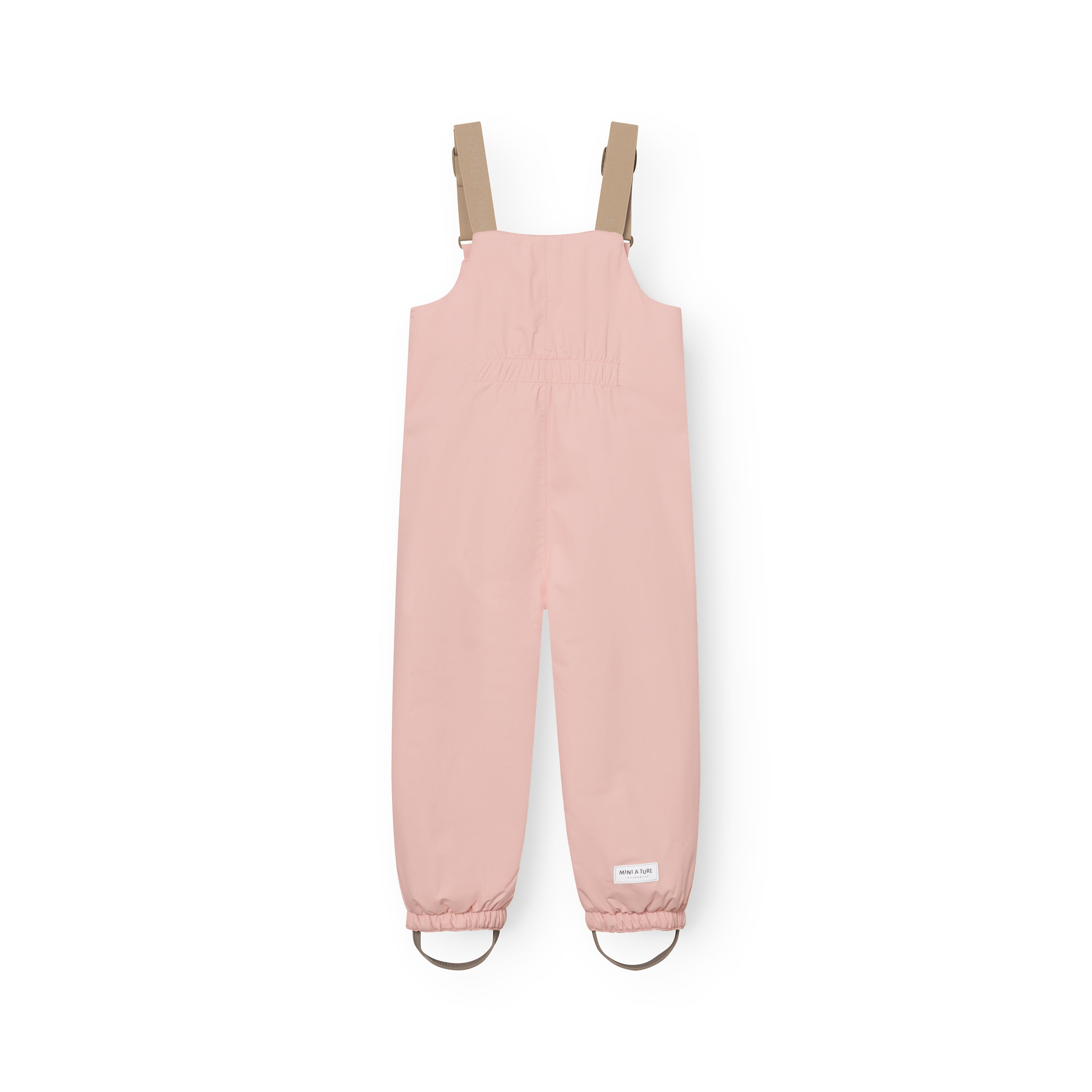 MATWALENTEX snow pants in soft pink viewed from the front, showing the elasticated waistband, beige adjustable suspenders, dropped crotch design, elasticated ankle cuffs and grey foot straps on a white background.