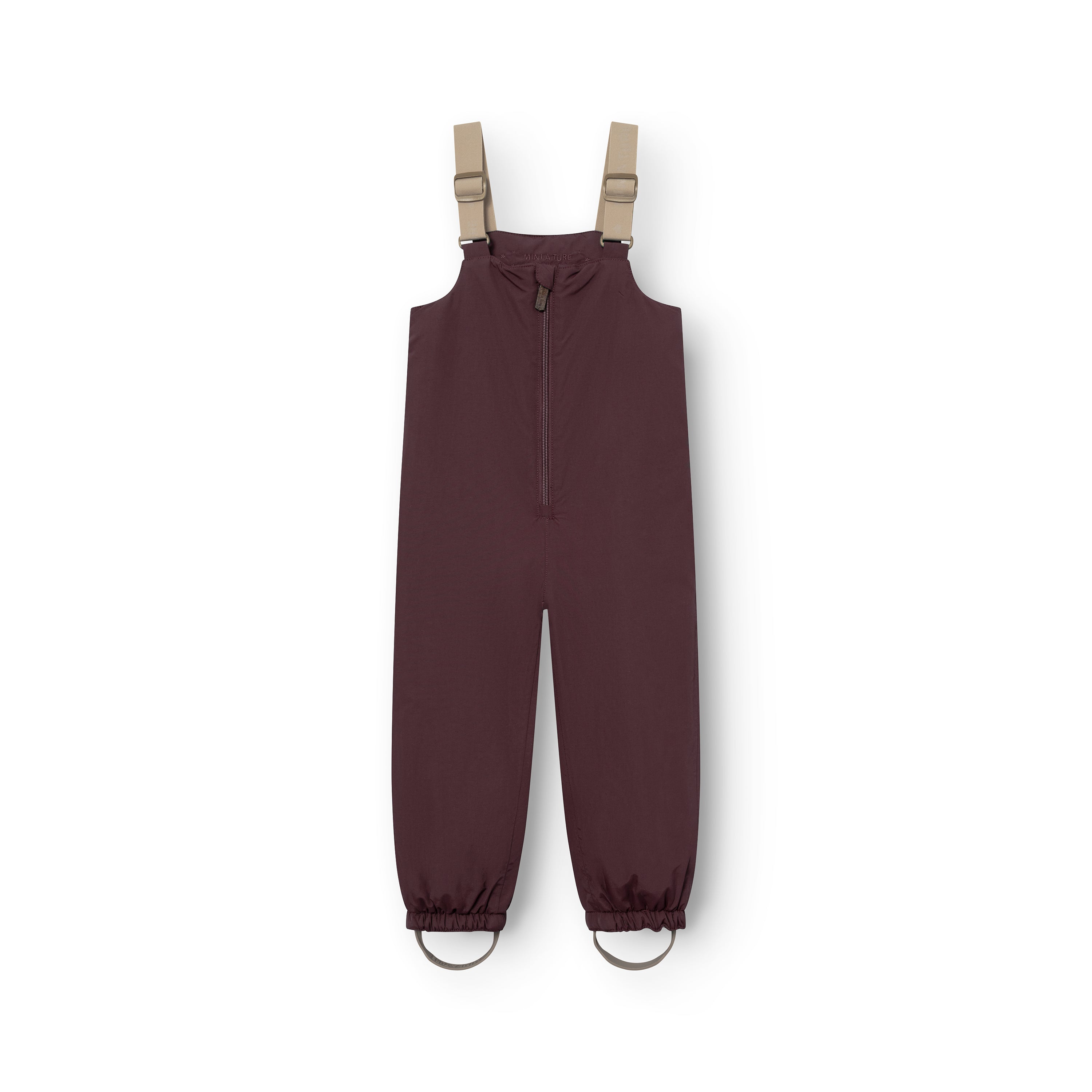 MATWALENTEX snow pants in deep plum displayed flat from the front, featuring beige adjustable suspenders, a full-length centre zip, elasticated ankle cuffs and grey foot straps on a white background.