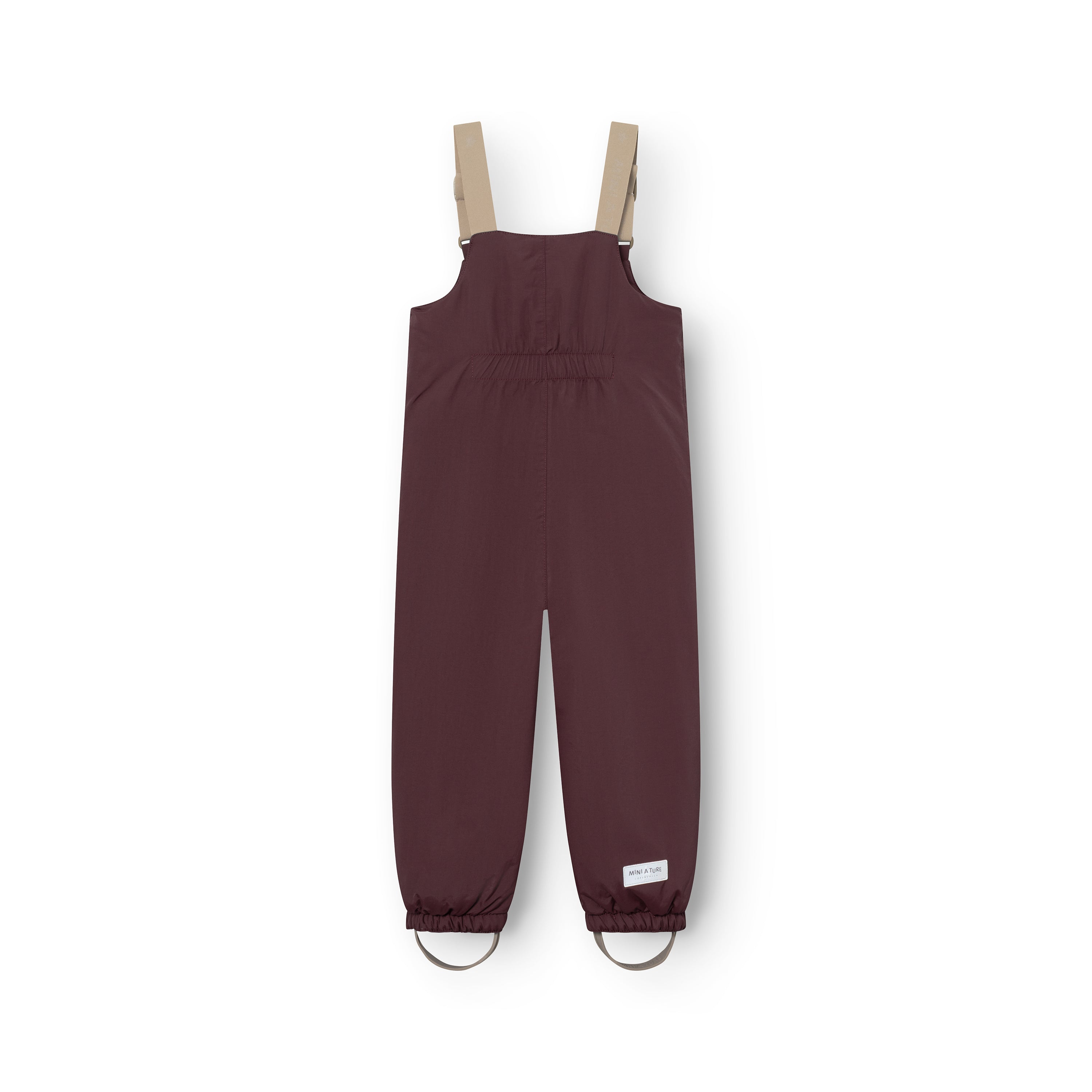 MATWALENTEX snow pants in deep plum viewed from the rear, showing the elasticated waistband, beige adjustable suspenders, dropped crotch construction, elasticated ankle cuffs and grey foot straps on a white background.