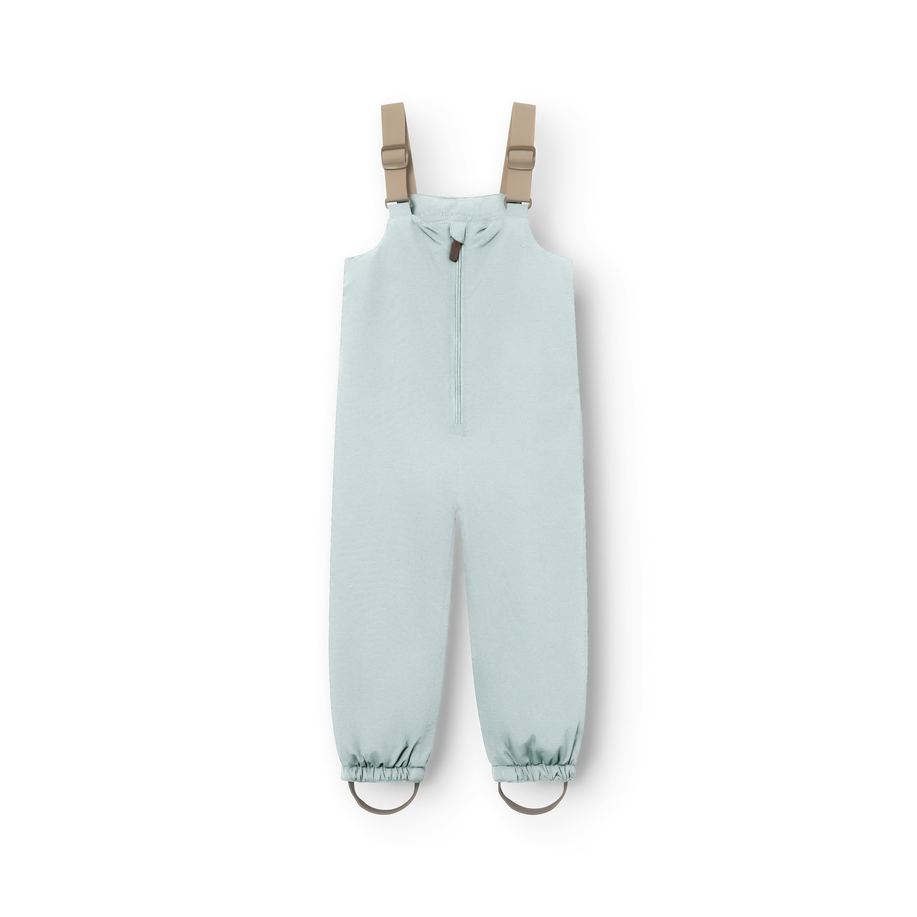 MATWALENTEX snow pants in pale blue shown from the front, with beige adjustable suspenders, a full-length zip fastening, elasticated ankle cuffs and grey foot straps on a white background.