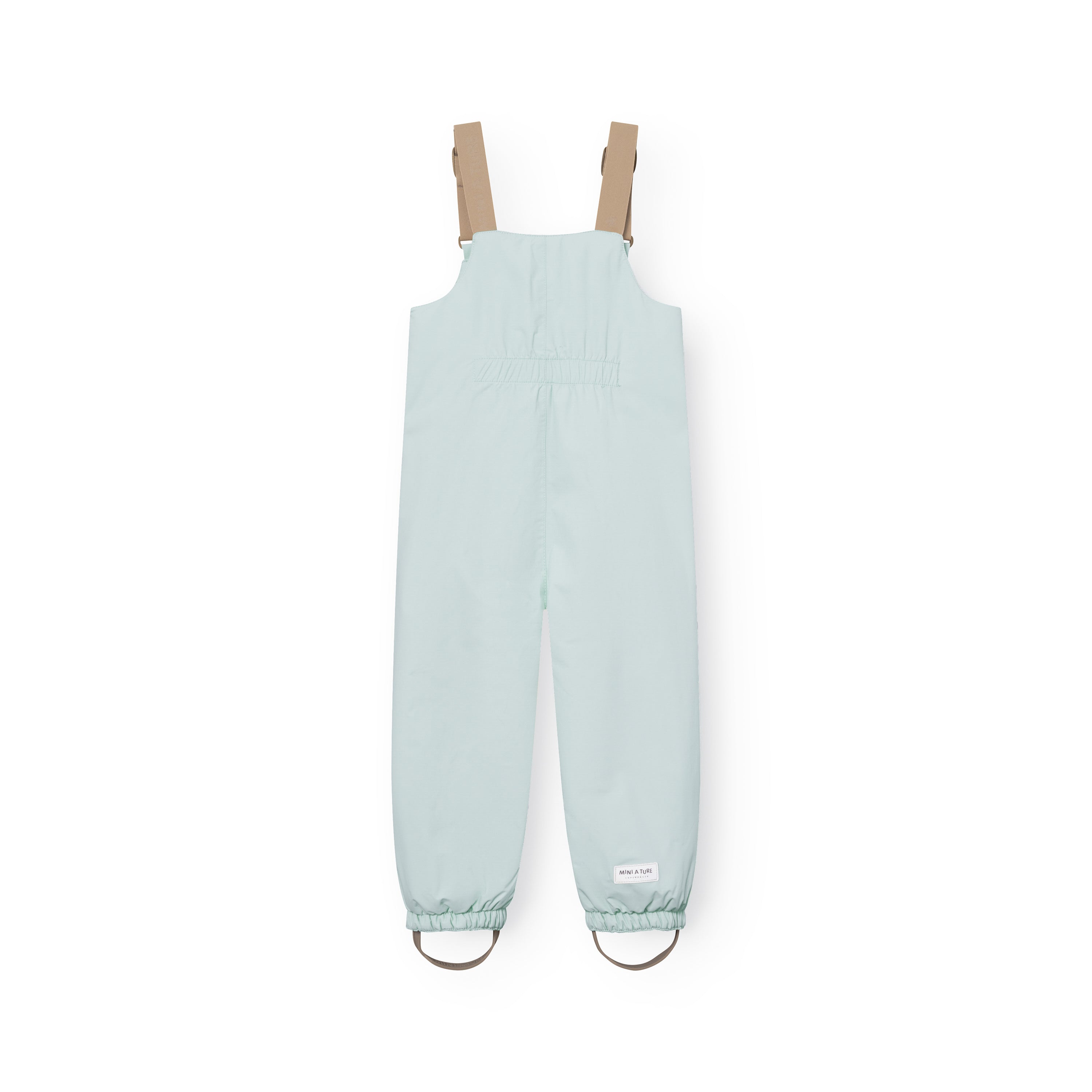 MATWALENTEX snow pants in pale blue photographed from the back, showing the elasticated waist, beige adjustable suspenders, dropped crotch design, elasticated ankle cuffs and grey foot straps on a white background.