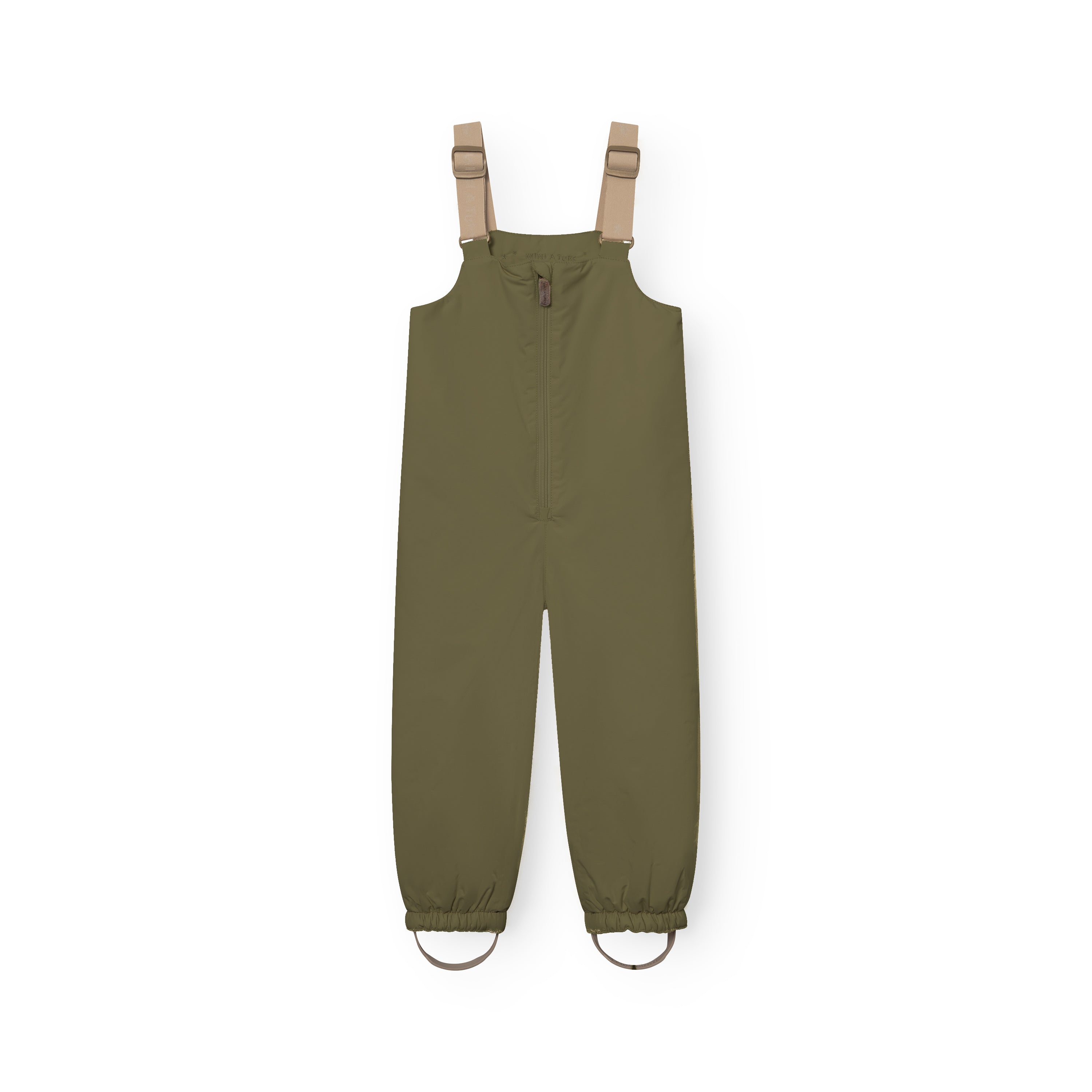MATWALENTEX snow pants in olive green displayed flat from the front, showing the full-length centre zip, beige adjustable suspenders, elasticated ankle cuffs and grey foot straps on a white background.