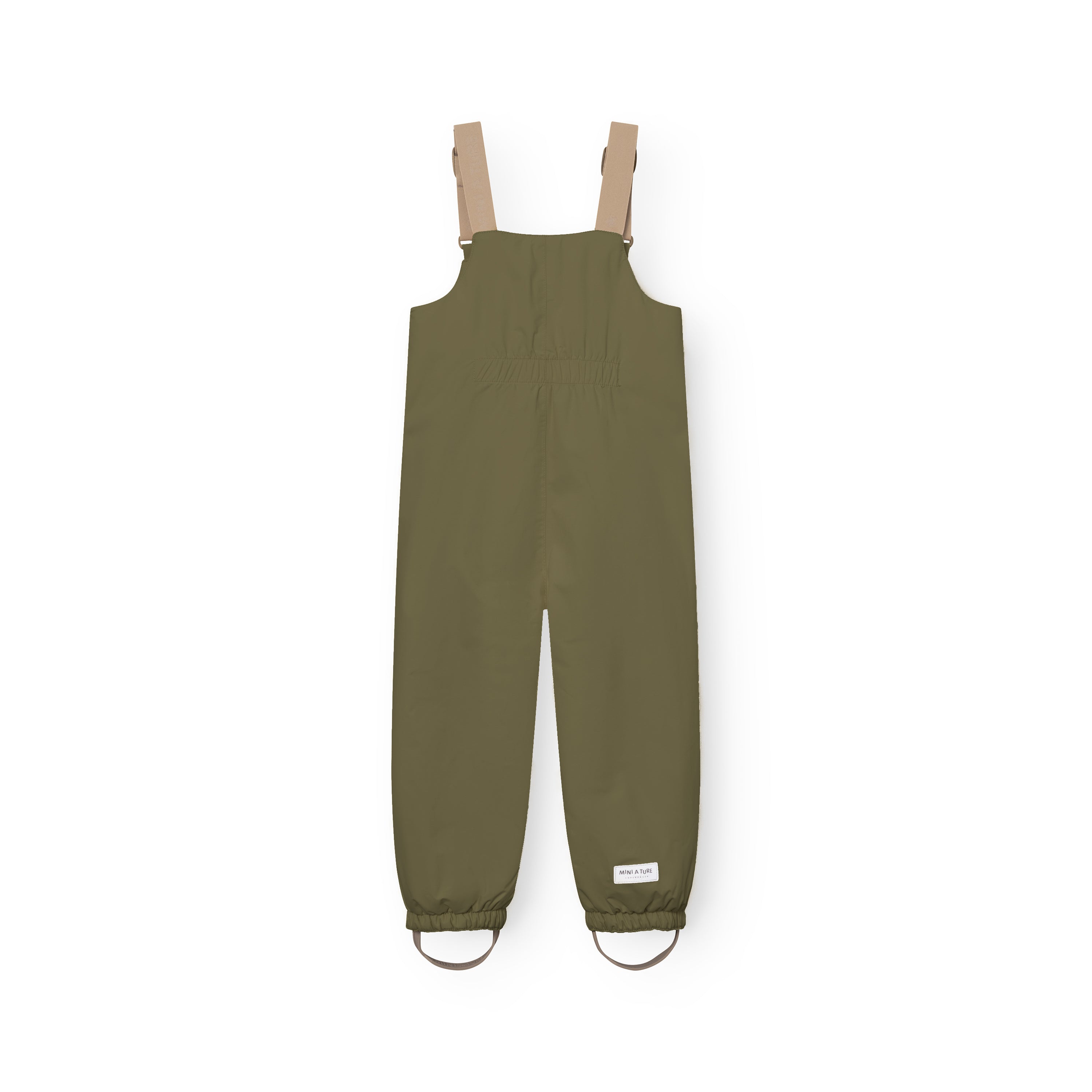 MATWALENTEX snow pants in olive green viewed from the rear, displaying the elasticated waistband, beige adjustable suspenders, dropped crotch construction, elasticated ankle cuffs and grey foot straps on a white background.