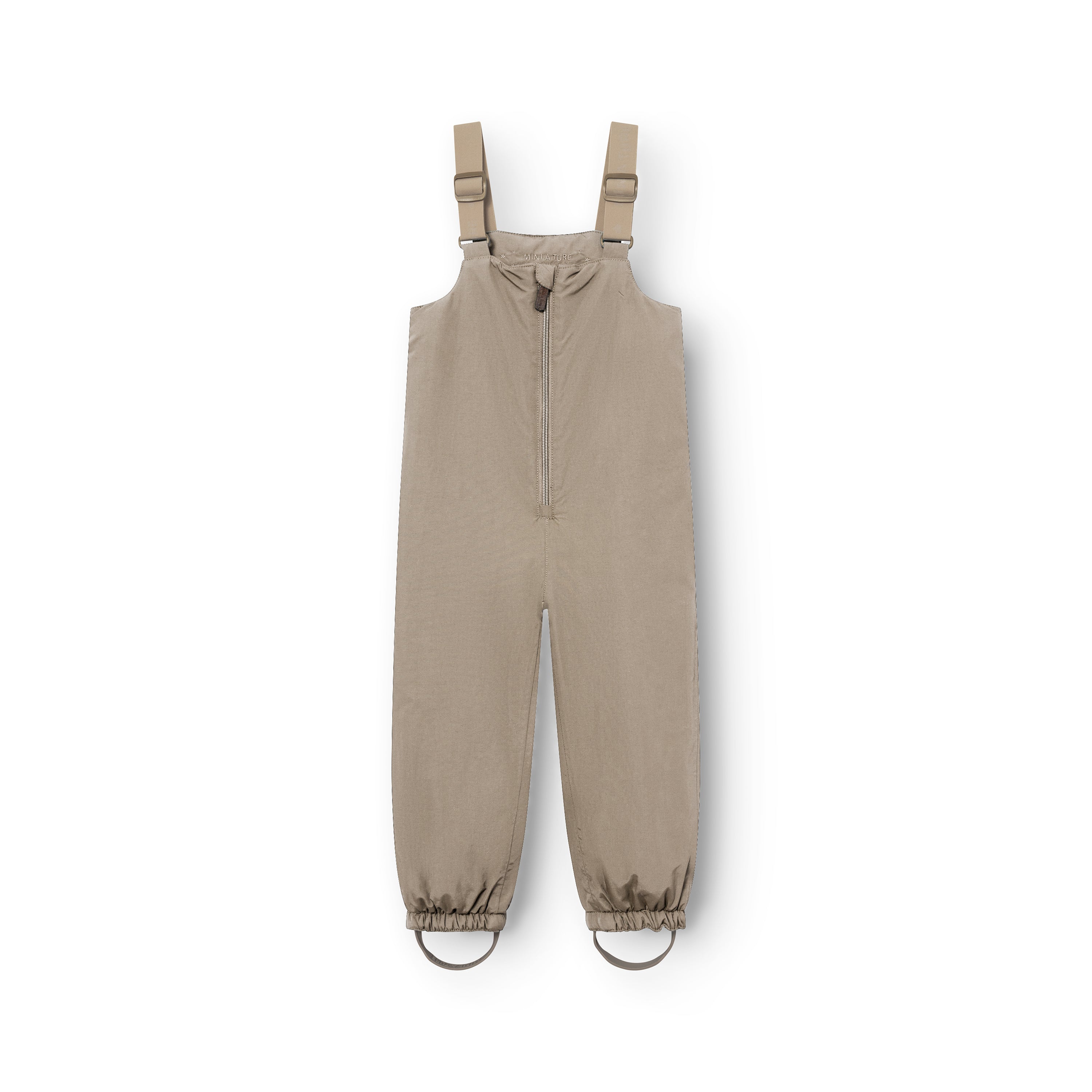 MATWALENTEX snow pants in soft taupe presented from the front, with beige adjustable suspenders, a full-length front zip, elasticated ankle cuffs and matching taupe foot straps on a white background.