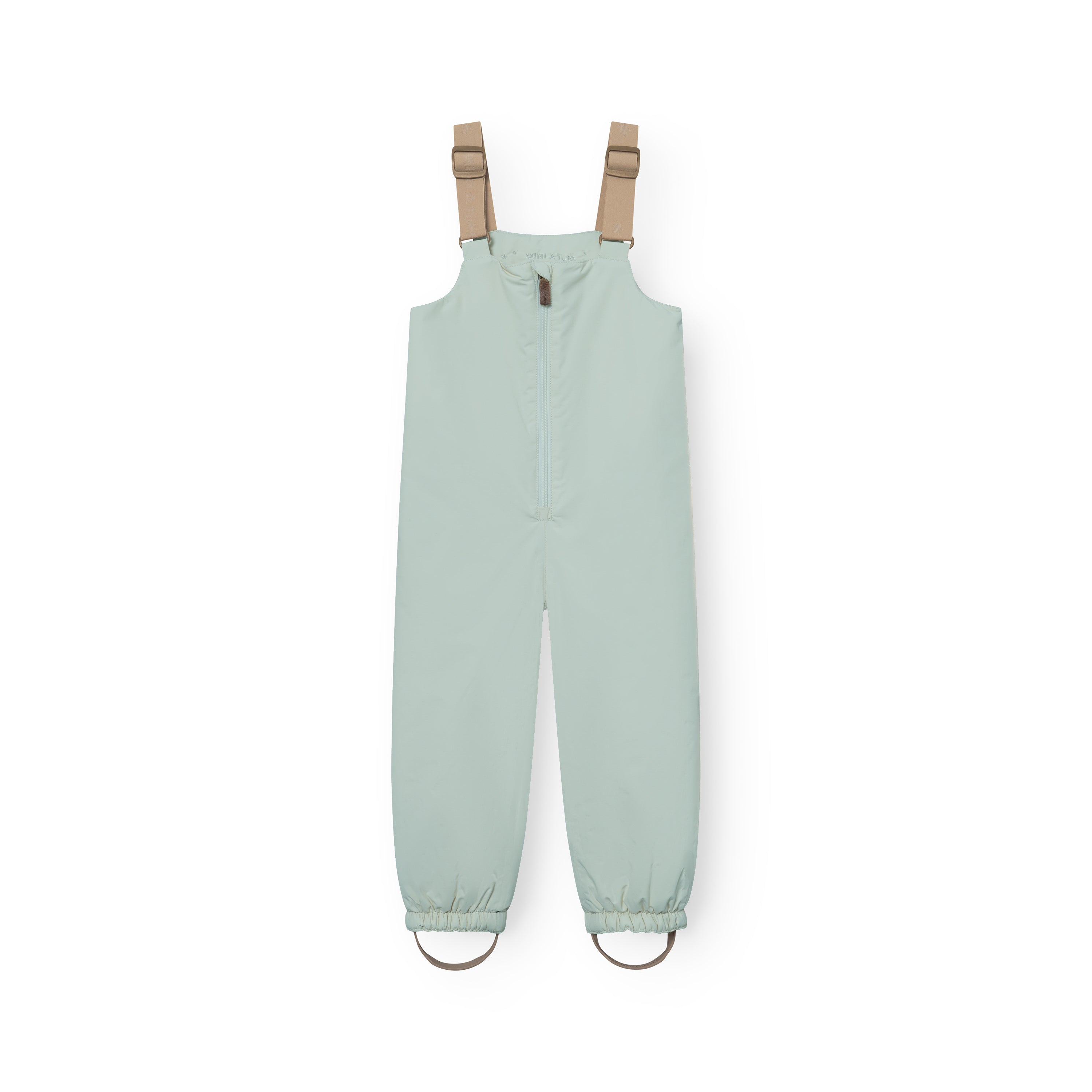 MATWALENTEX snow pants in pale mint green displayed flat from the front, featuring beige adjustable suspenders, a full-length centre zip, elasticated ankle cuffs and grey foot straps on a white background.