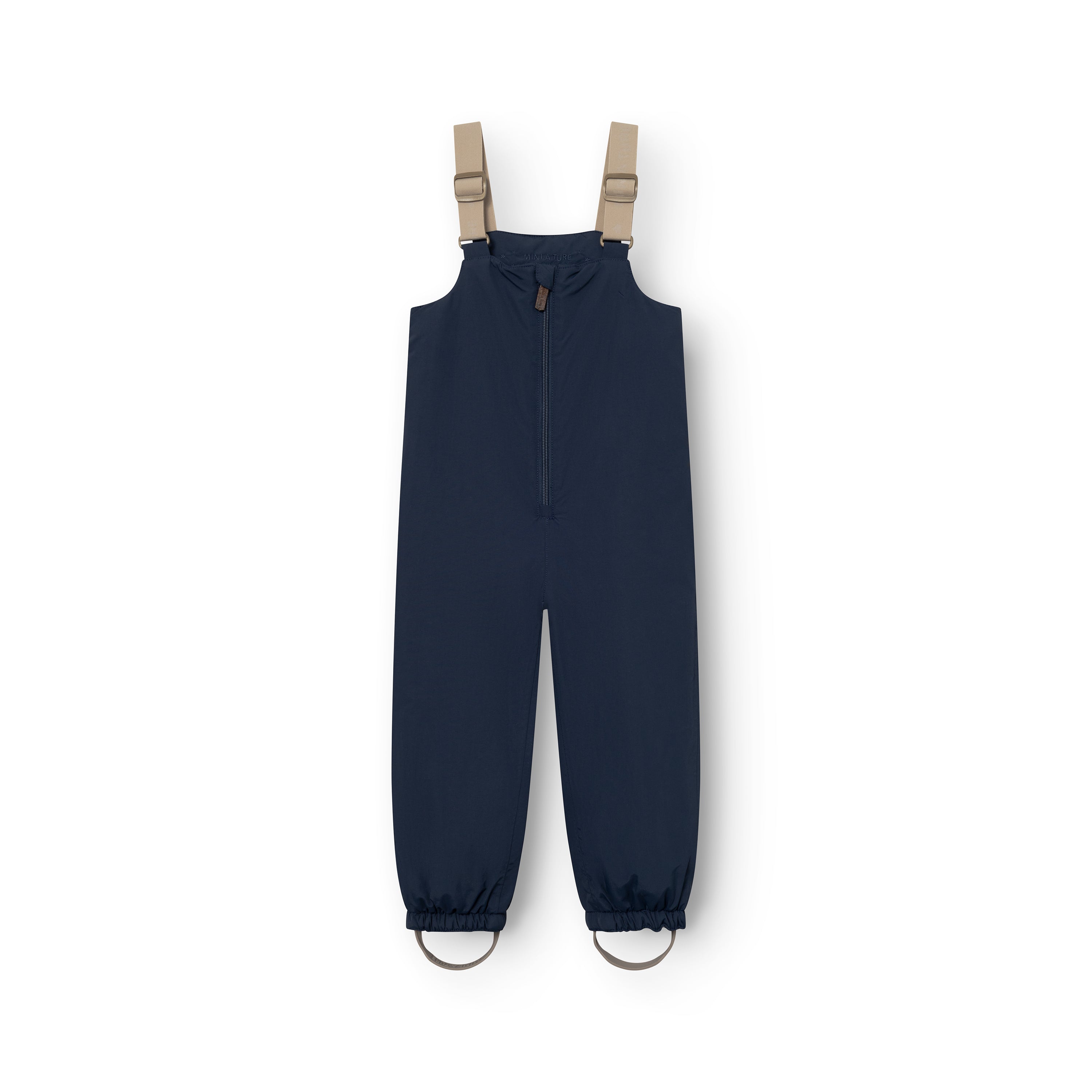 MATWALENTEX snow pants in navy blue shown from the front, featuring beige adjustable suspenders with metal clips, a full-length front zip with brown puller, elasticated ankle cuffs and grey foot straps on a white background.