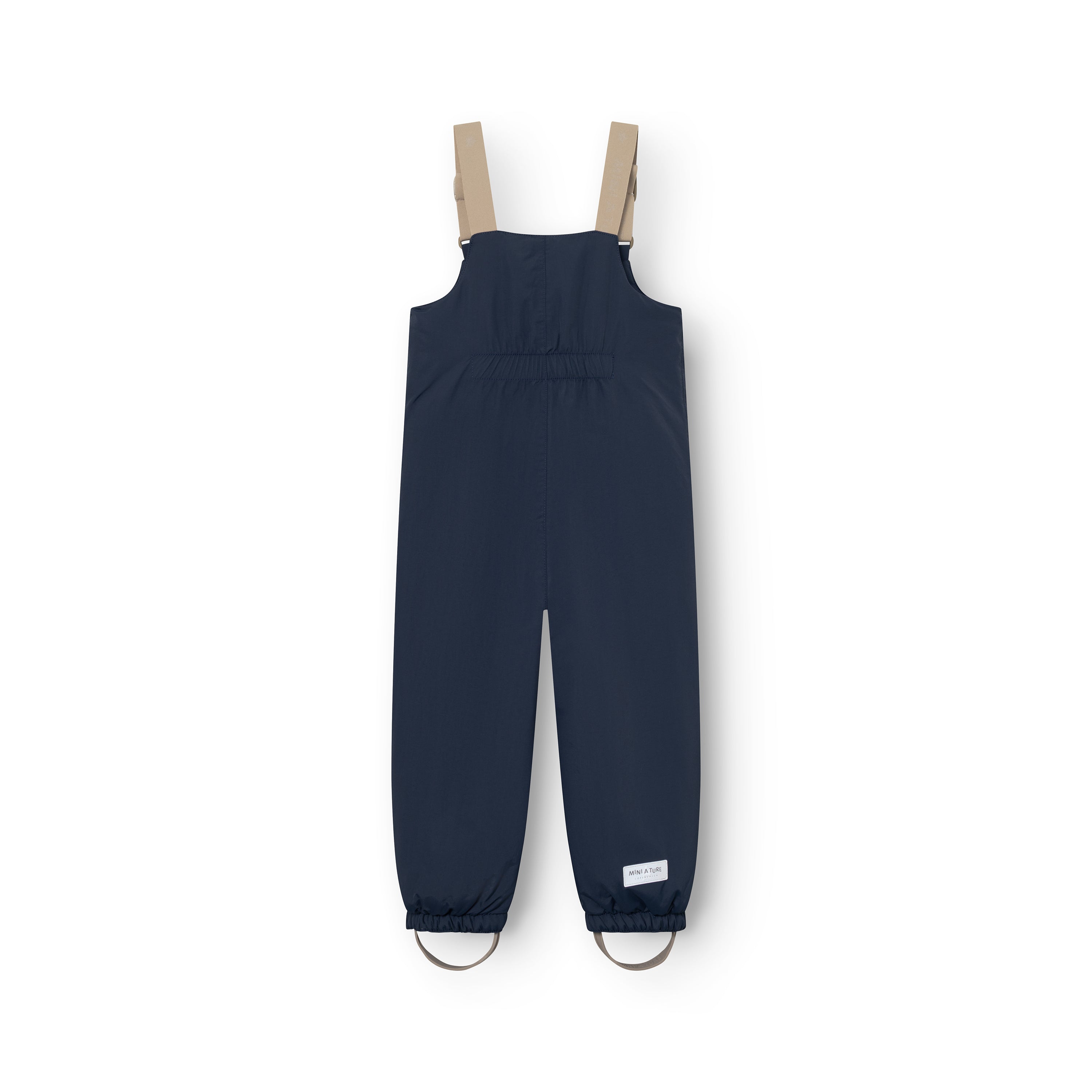 MATWALENTEX snow pants in navy blue photographed from the rear, displaying the elasticated waistband, beige adjustable suspenders, dropped crotch construction, elasticated ankle cuffs with grey foot straps and a white MINI A TURE label at the lower right leg on a white background.