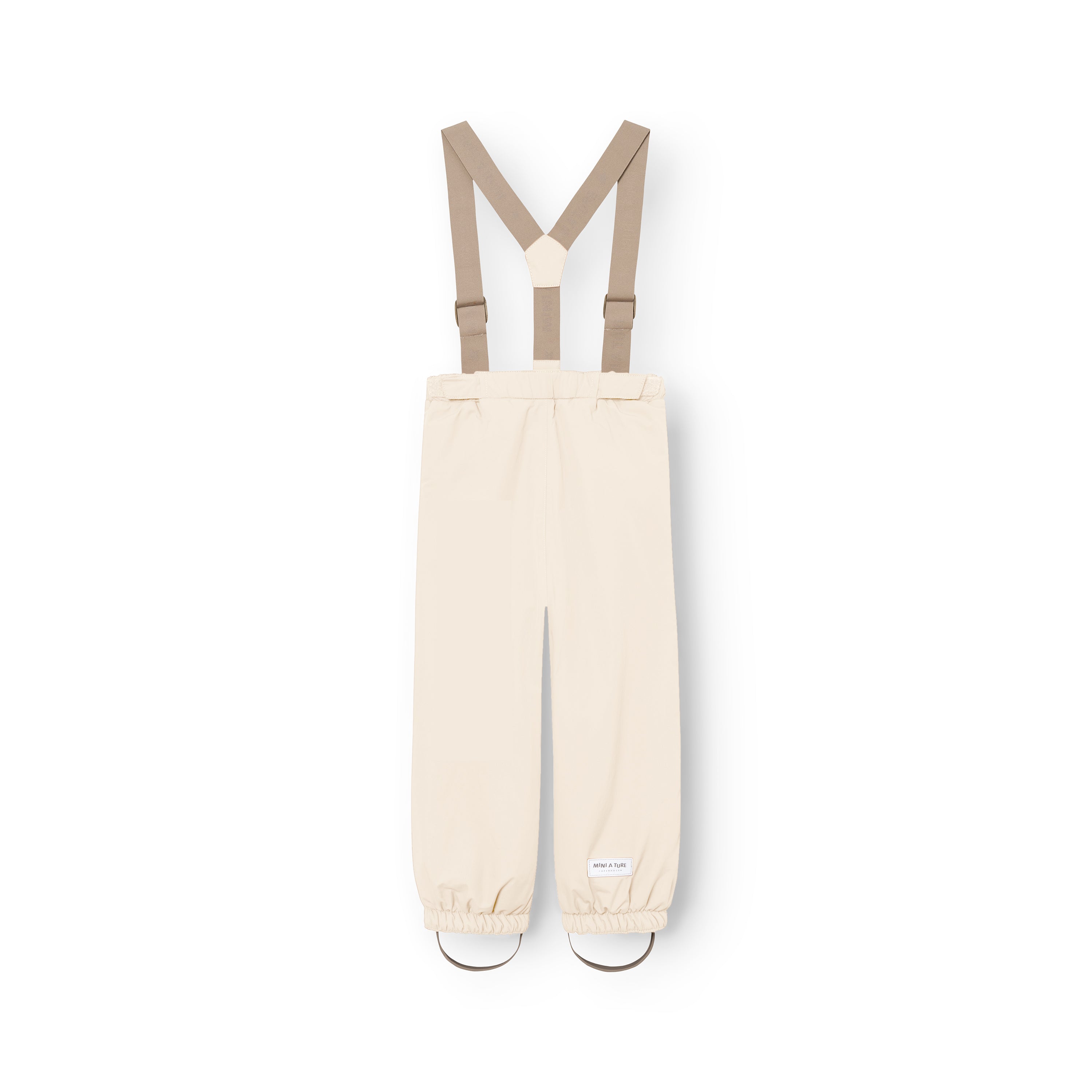MATWILAS snow pants in cream with beige adjustable braces and elasticated ankle cuffs with removable foot straps, displayed flat on a white background.
