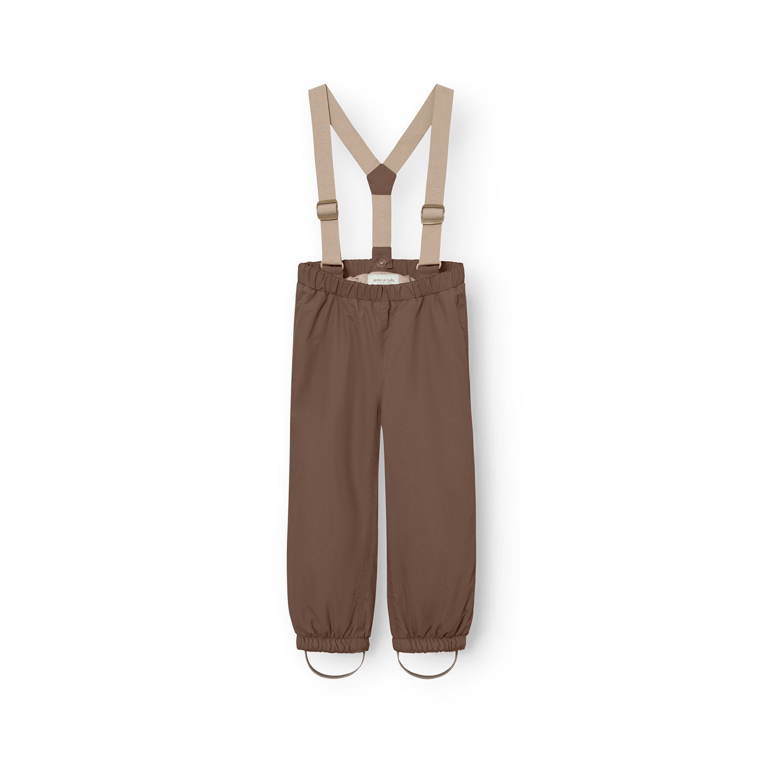 MATWILAS snow pants in warm brown with beige detachable braces and elasticated ankle cuffs with removable foot straps, displayed flat on a white background.