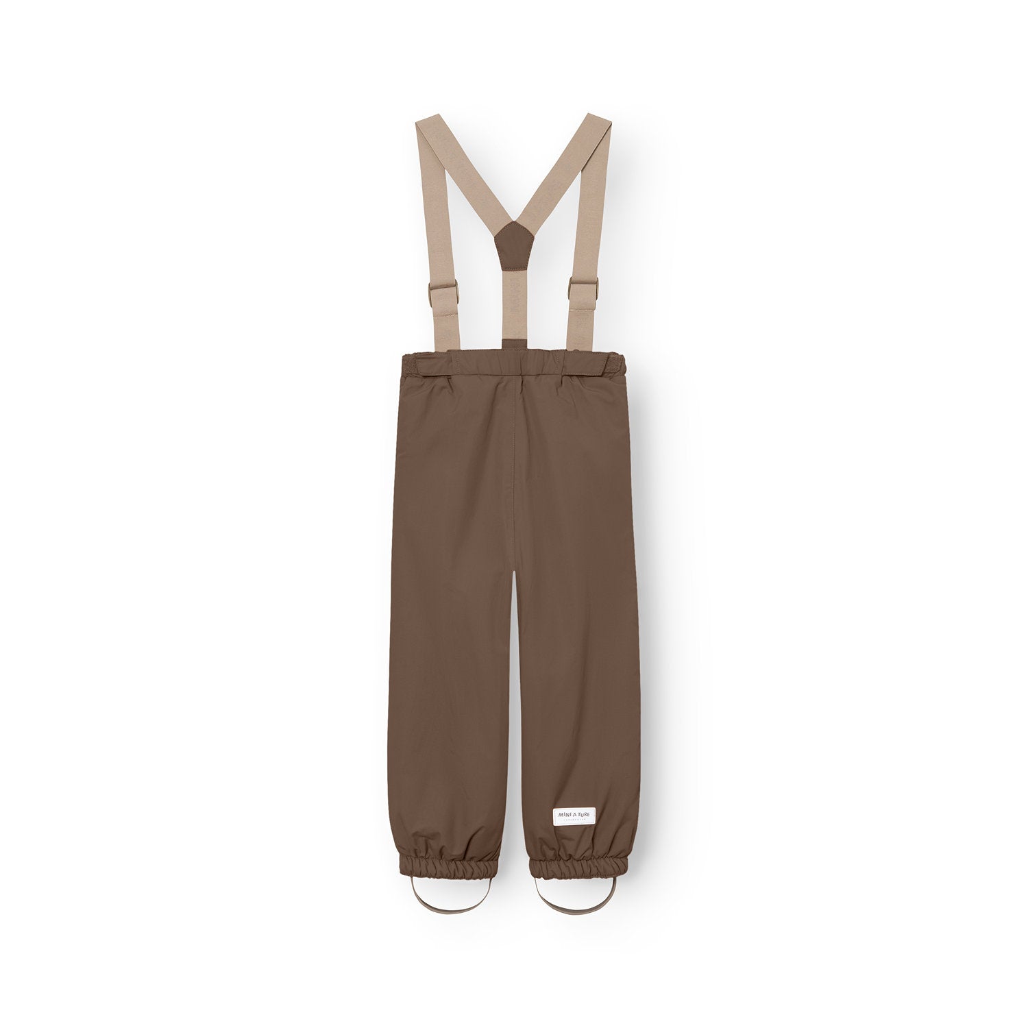 MATWILAS snow pants in warm brown with beige adjustable cross-back braces and elasticated ankle cuffs with removable foot straps, shown flat on a white background.