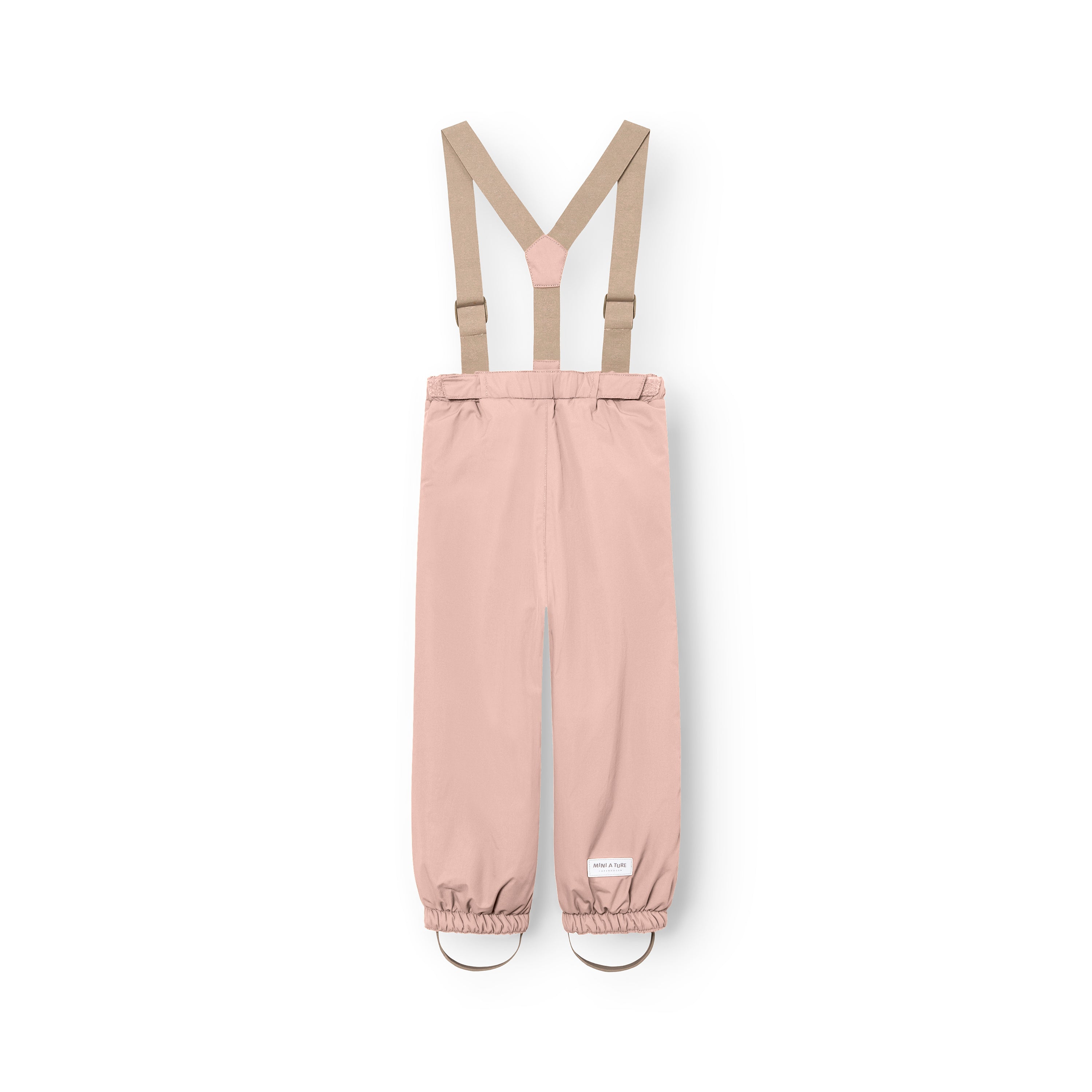 MATWILAS snow pants in dusty pink with beige adjustable braces and elasticated ankle cuffs with removable foot straps, laid flat on a white background.