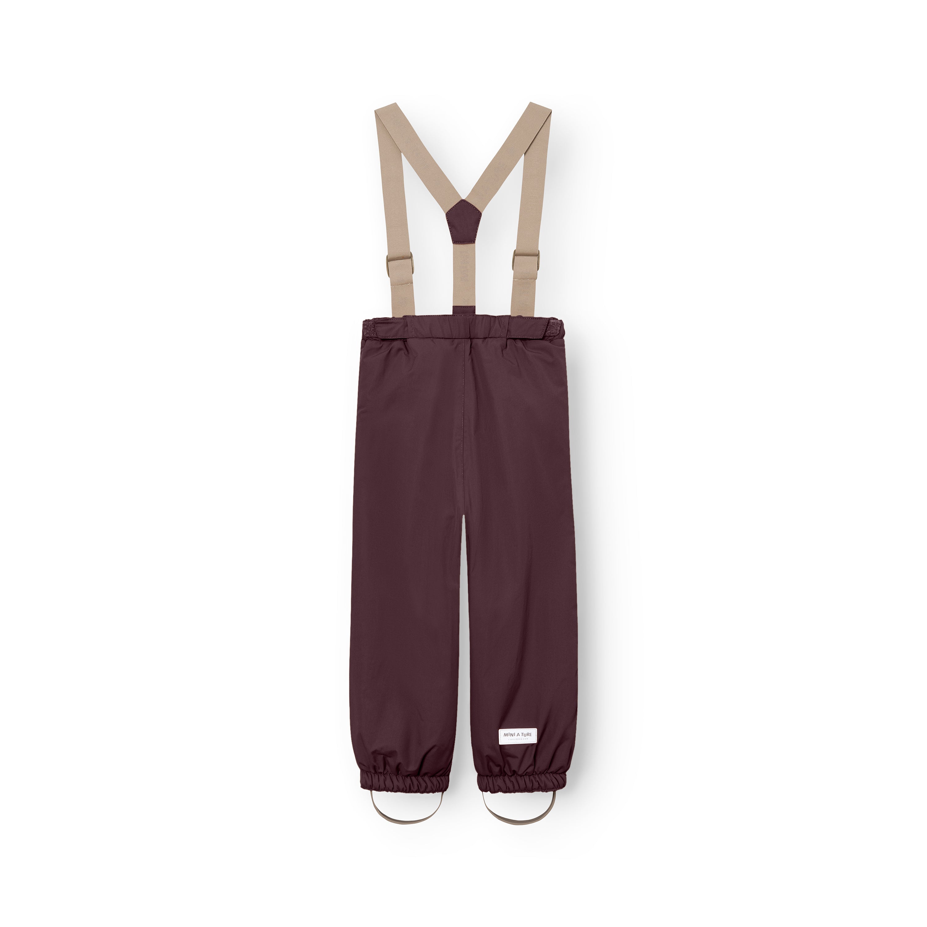 MATWILAS snow pants in rich plum with beige cross-back braces and elasticated ankle cuffs with removable foot straps, displayed flat on a white background.