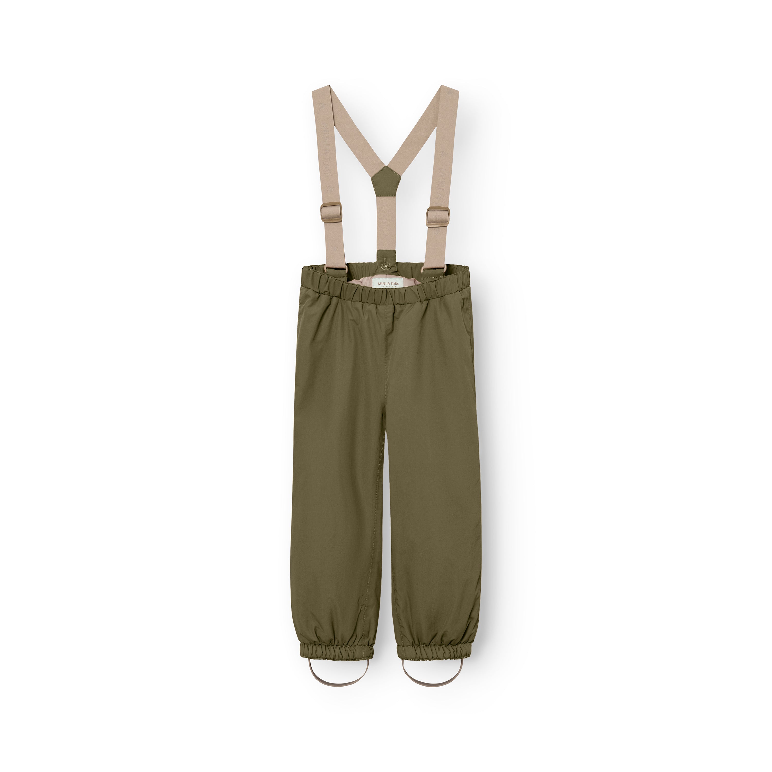 MATWILAS snow pants in olive green with beige adjustable detachable braces, elasticated waistband and ankle cuffs with removable foot straps, laid flat on a white background.