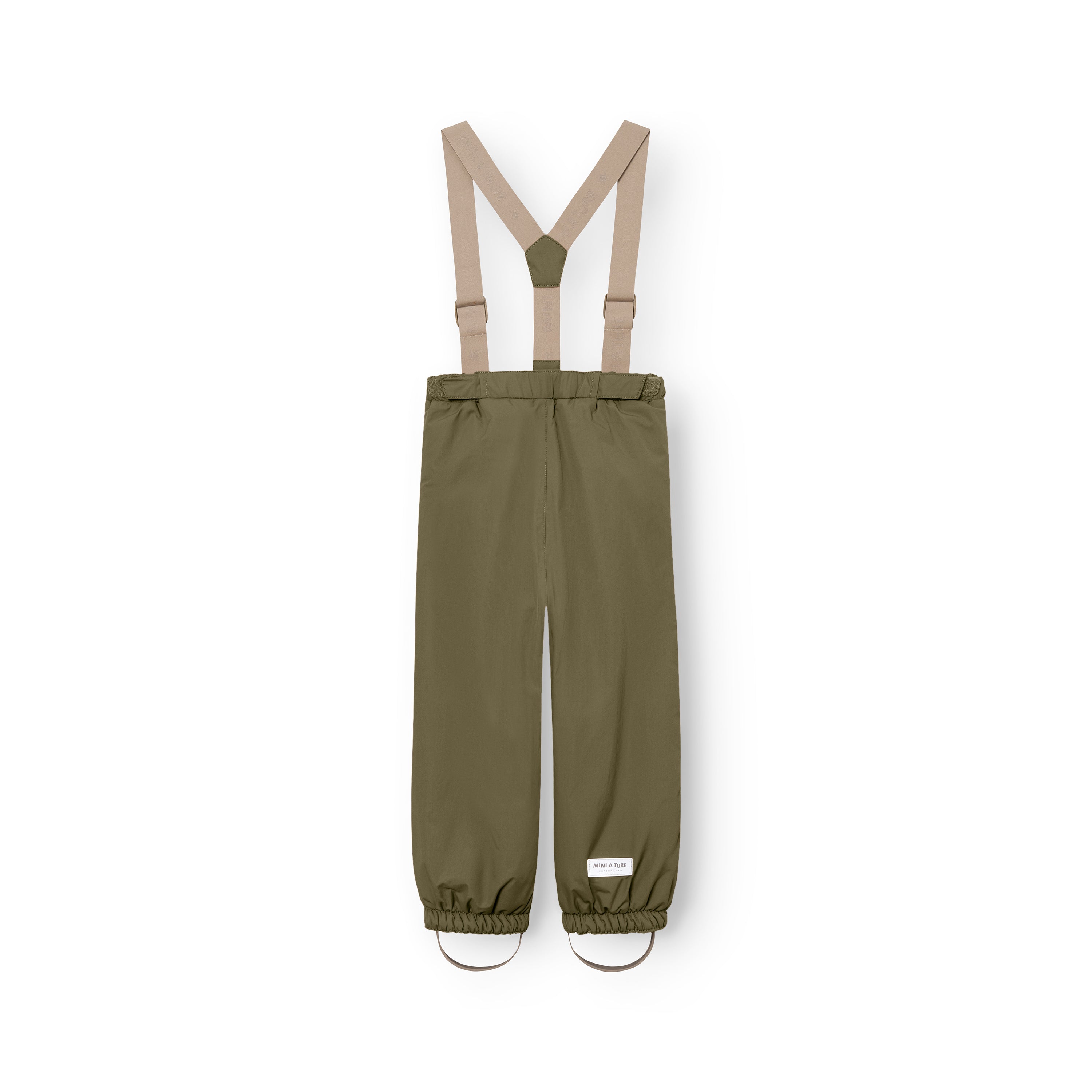 MATWILAS snow pants in olive green with beige cross-back braces, elasticated ankle cuffs and removable foot straps, shown flat from the front on a white background.